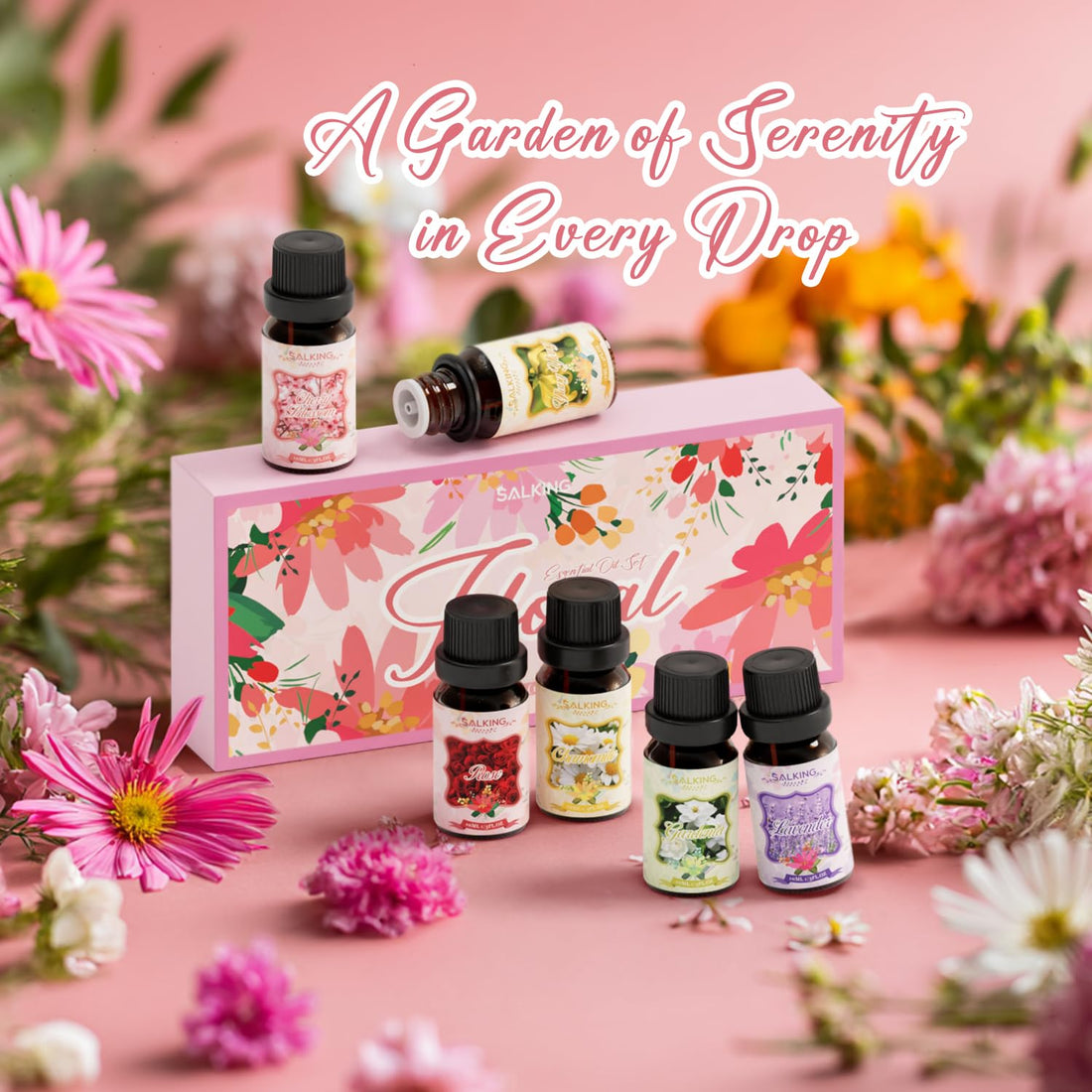 SALKING Essential Oils Set, 100% Pure Fragrance Oil AromatherapyGift, Premium Scented Oils for Diffusers 6 x 10 ML - Lavender, Rose, Jasmine, Cherry Blossom, Gardenia, Chamomile, Pink