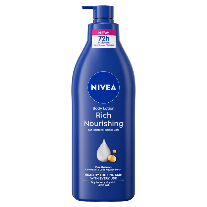 NIVEA Rich Nourishing Body Lotion (400ml), Rich 72H Hydration Moisturiser for Dry Skin Made with Deep Moisture Serum and Almond Oil, Intensive Hydration Body Lotion Halalzen