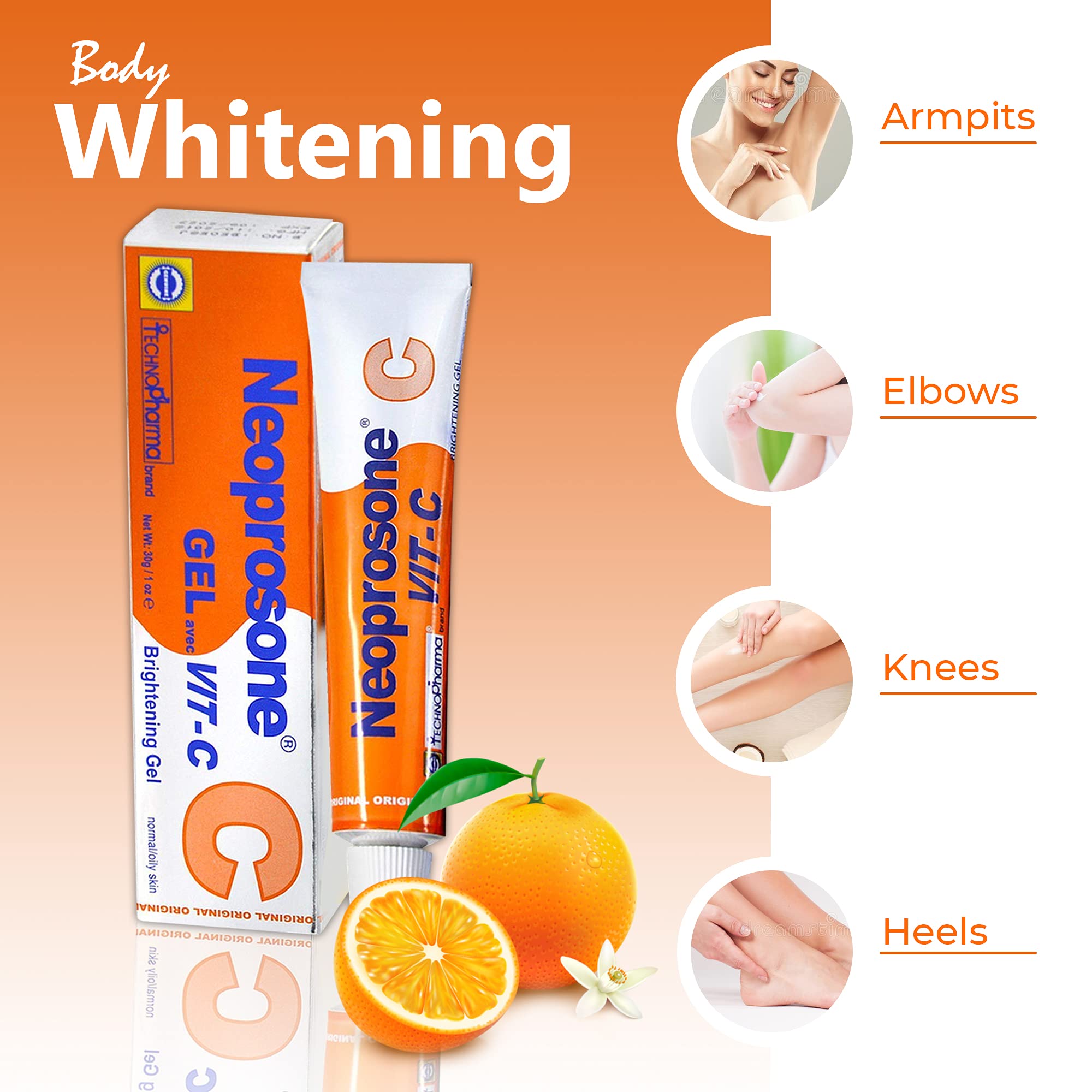 Neoprosone Skin Brightening Gel Cream | 1 Fl oz / 30 ml | For Intimate Parts, Private Areas, Body, Knees, Underarm, Elbows | with Vitamin C and Alpha Arbutin