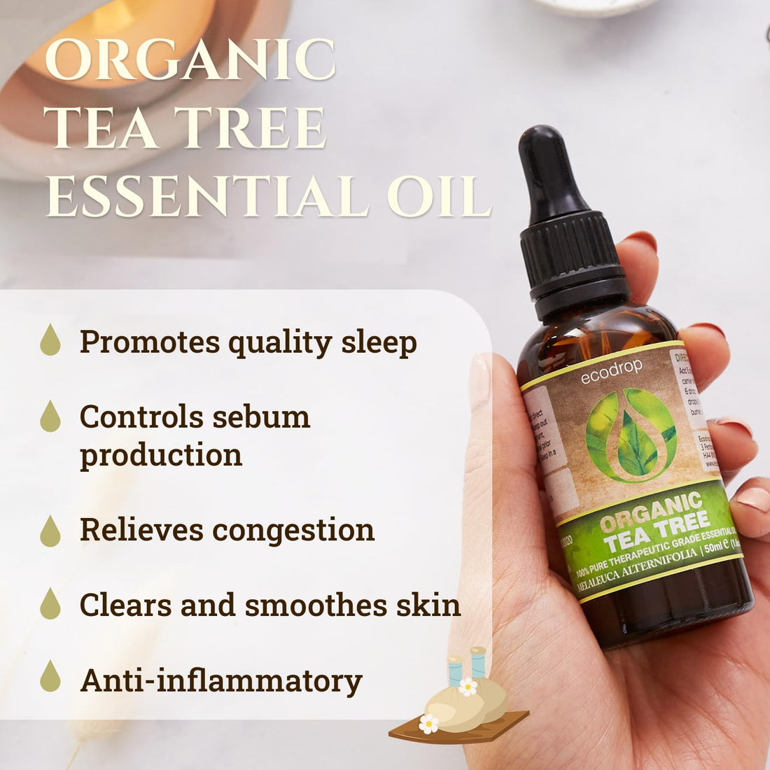 Ecodrop Tea Tree Essential Oil, 10 ml | 100% Pure Organic Steam-Distilled | Melaleuca Alternifolia | Aromatherapy, Diffuser, Massage, Bath, Soap & Candle Making | Australian Fresh Aroma