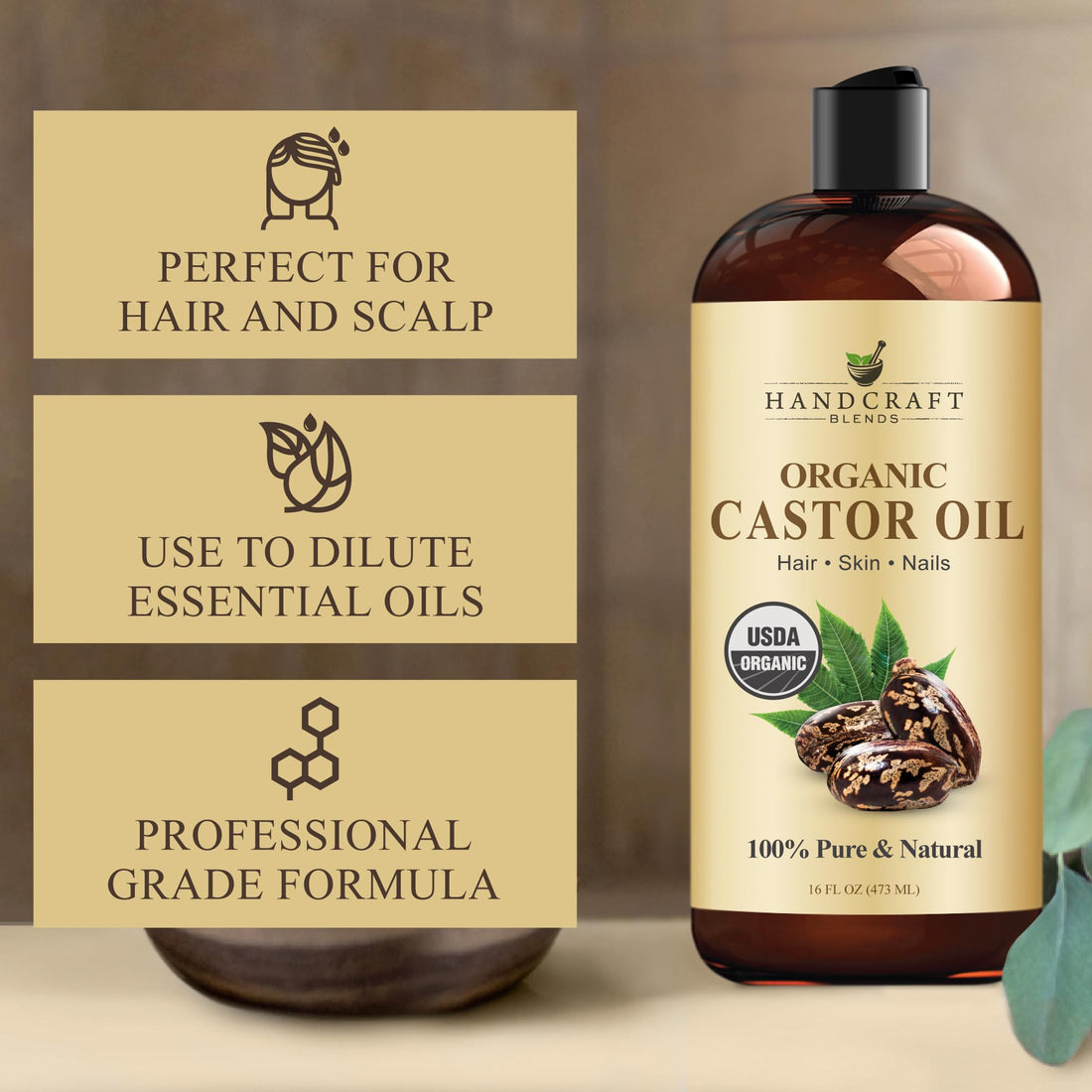 Handcraft Blends Huile de Ricin et Huile de Romarin 236 ml | 100% Pure et Naturelle | Huile Support de Qualité Supérieure | Cheveux, Cils et Sourcils | Cheveux et Corps