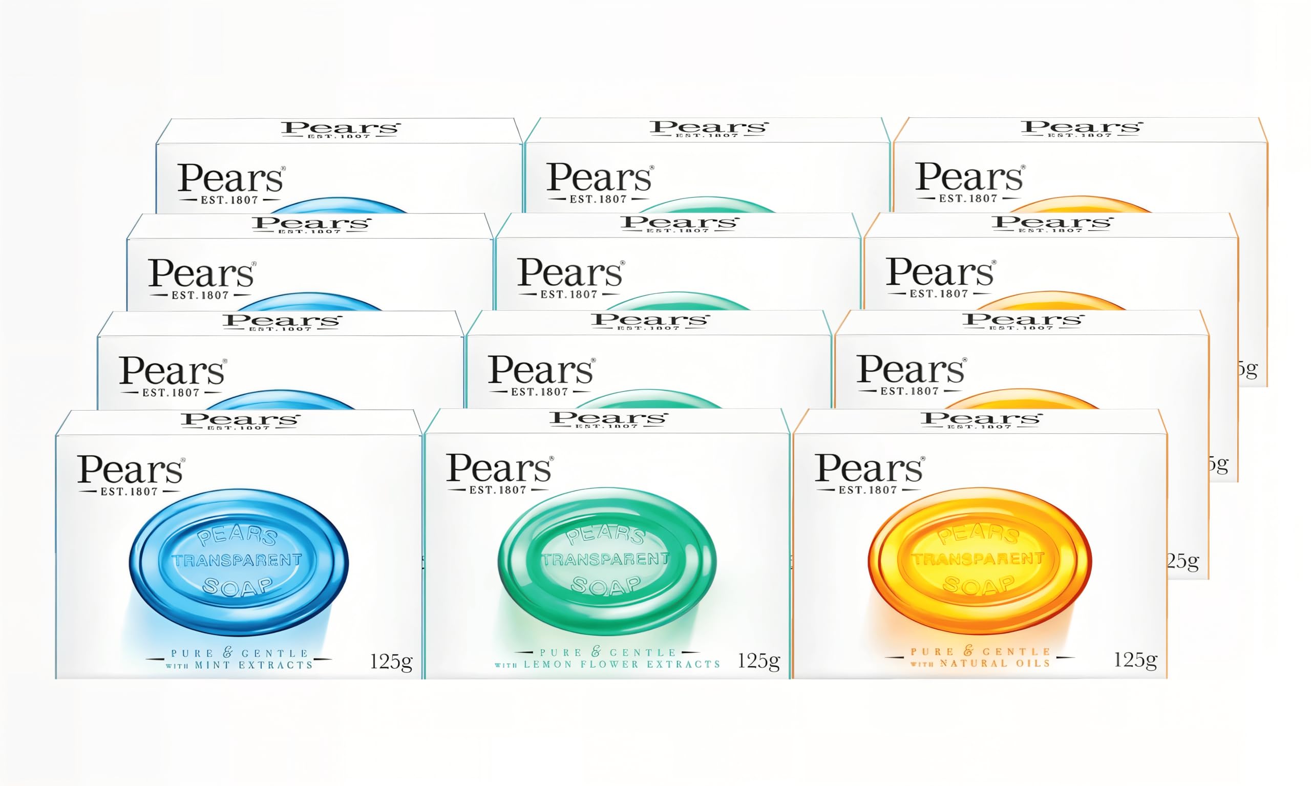 Pears Pure & Gentle Transparent Natural Soap Bar - Made with Mint Extracts, Nourishing and Refreshing Bathing Cleanser, Gentle & Soothing Skin Care, Pure Transparency, Pack of 12 x 125g Halalzen