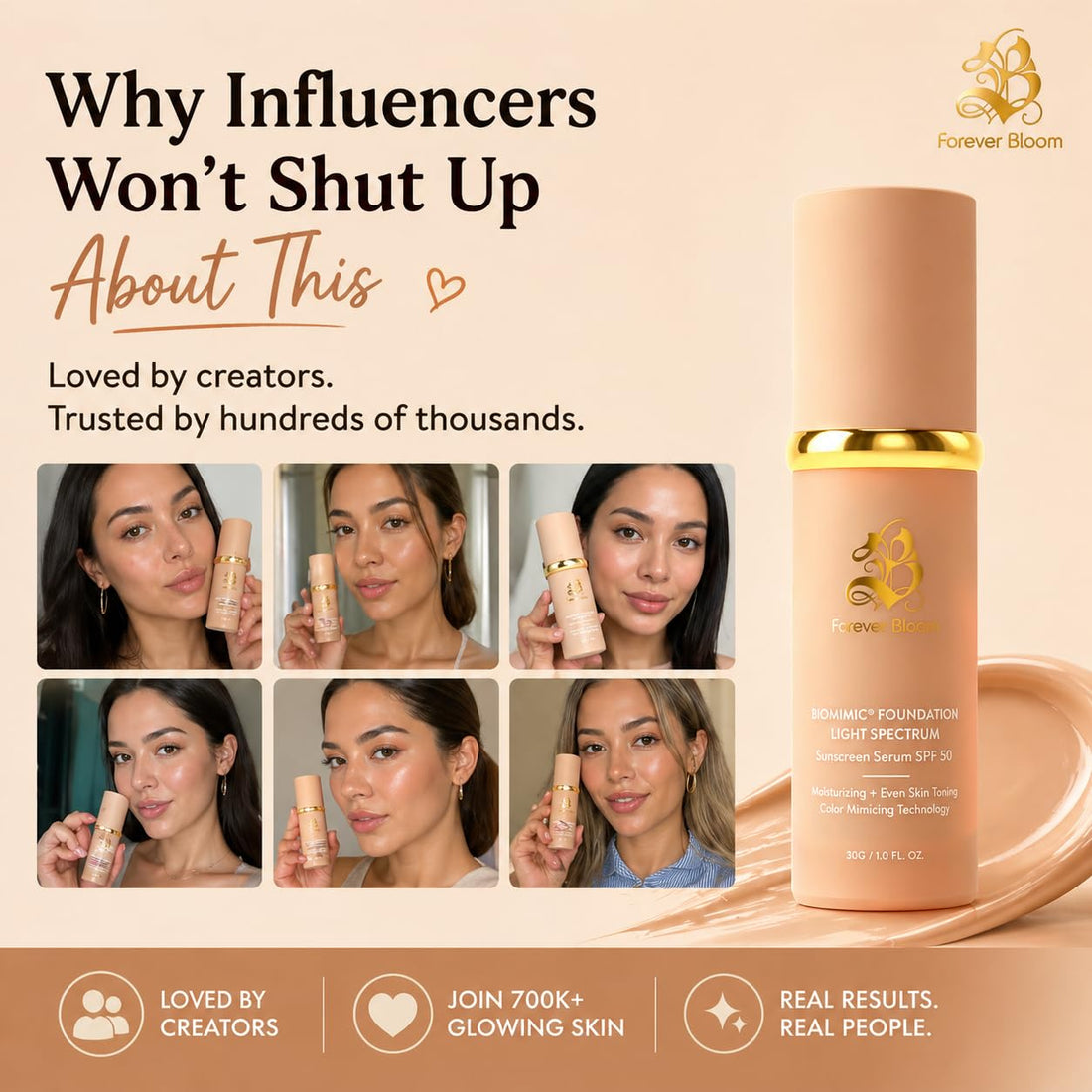 Bio Mimic Foundation Medium Spectrum by Forever Bloom; Protecting from Sun with SPF50; Foundation for Gym, Sports, Dancing Makeup for Mature & Sensitive Skin, Natural Finish Made in USA