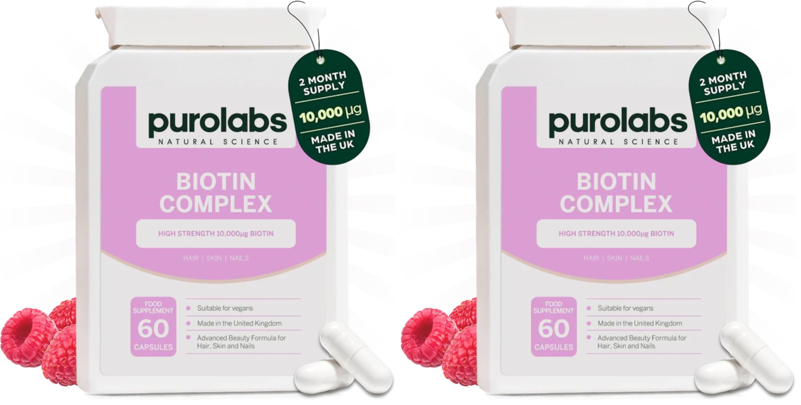 Purolabs Biotin Hair Growth Supplement 10,000μg - Hair Vitamins for Men & Women - Vitamin B7 Tablets for Skin & Nails with Zinc & Selenium - 60 Vegan Capsules - Made in The UK by Purolabs
