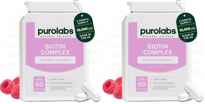 Purolabs Biotin Hair Growth Supplement 10,000μg - Hair Vitamins for Men & Women - Vitamin B7 Tablets for Skin & Nails with Zinc & Selenium - 60 Vegan Capsules - Made in The UK by Purolabs Halalzen