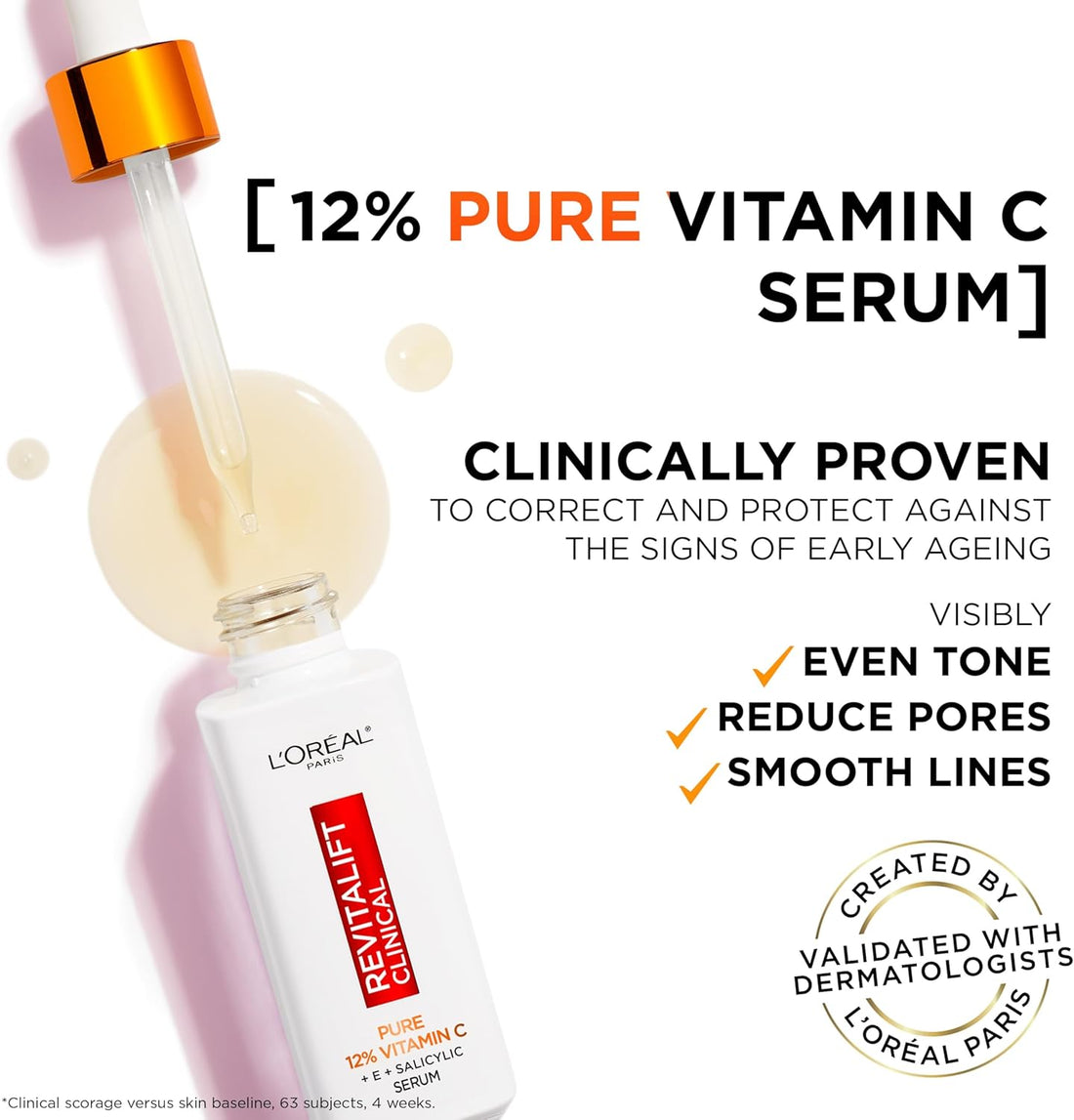 L'Oréal Paris Vitamin C Serum For Face, Revitalift Clinical 12% Pure Vitamin C Brightening Serum for Brighter & Smoother Skin, Antioxidant Protection with Salicylic Acid & Hyaluronic Acid, 30ml Halalzen