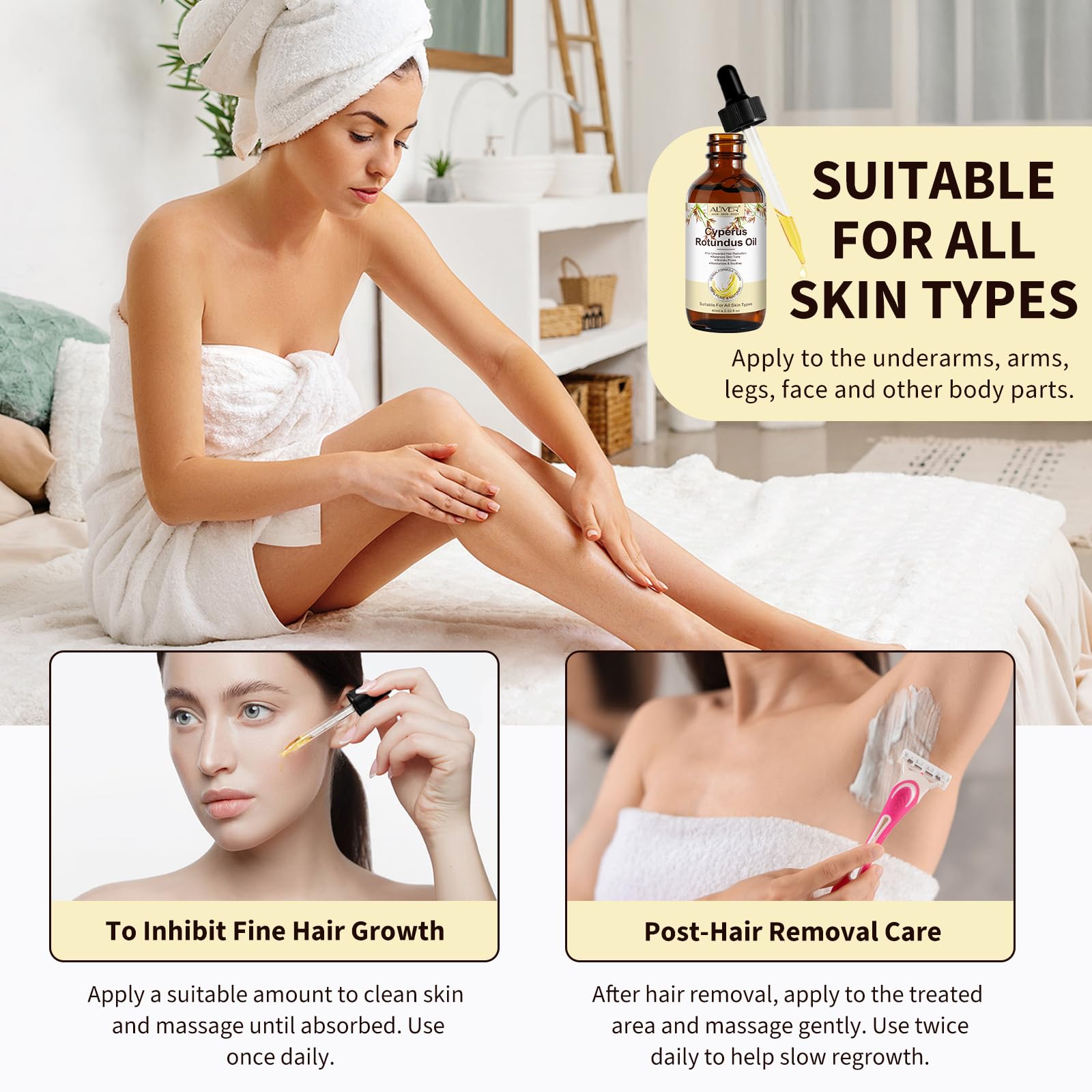 Cyperus Rotundus Oil for Hair Removal, 100% Pure Natural Body and Facial Hair Removal for Women, Reduces Unwanted Hair Growth After Shave, Shrink Pores, Hydrates, Soothes and Repairs Skin