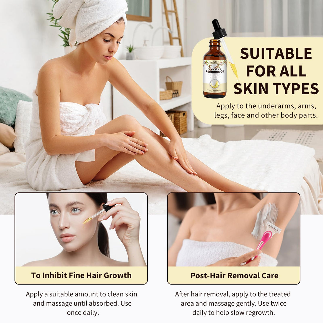 Cyperus Rotundus Oil for Hair Removal, 100% Pure Natural Body and Facial Hair Removal for Women, Reduces Unwanted Hair Growth After Shave, Shrink Pores, Hydrates, Soothes and Repairs Skin