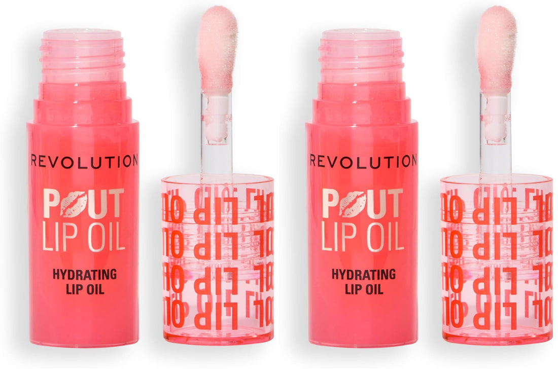 Revolution, Pout Lip Oil, Nourishing Tinted Lip Oil, High Shine, Non-Sticky Finish, Vegan & Cruelty-Free, Glam Pink Shimmer, 4ml