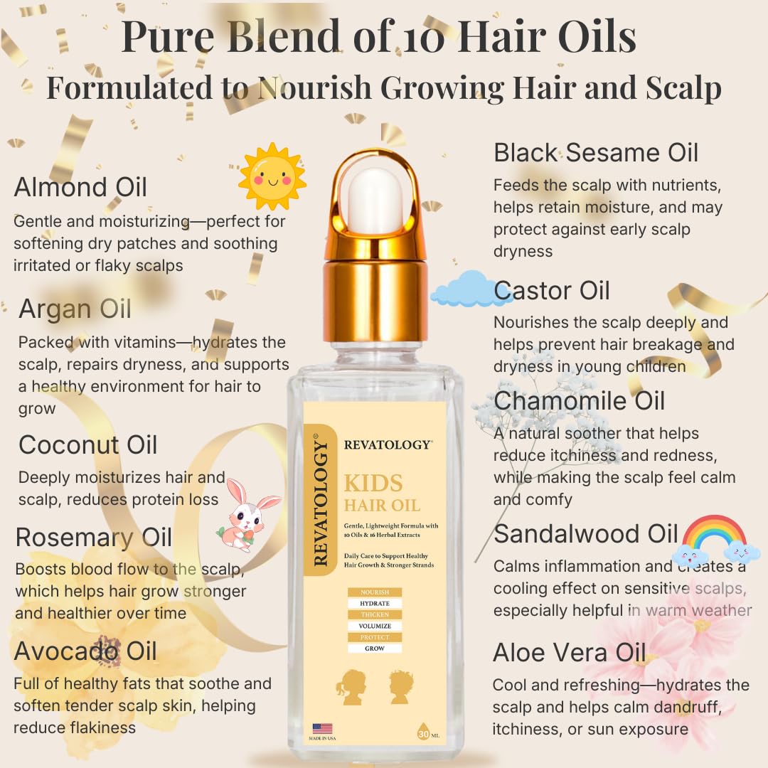 Revatology Kids & Baby Hair Growth Oil, Gentle Pre-Wash Dry/Itchy Scalp Treatment, Coconut, Rosemary, Castor, Amla +25 Botanicals Hair Oil for Toddlers, Curly & All Hair Types, Ayurvedic (Made in USA) Halalzen