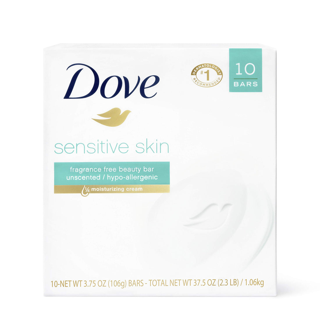 Dove Beauty Bar Soap Sensitive, 8 Bars for Sensitive Skin, Fragrance Free and Hypoallergenic 3.75 oz