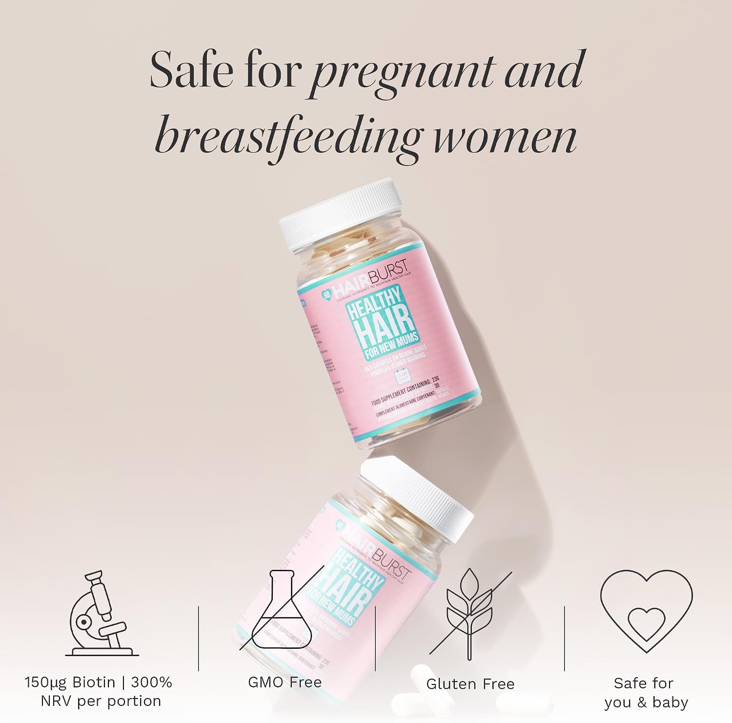 HAIR BURST Biotin Hair Vitamins - Safe for Pregnancy, Breastfeeding & Postpartum - Hair Loss Supplement to Essential for new Mums - Contains Zinc, B Vitamins & Folic Acid (30 Day Supply)