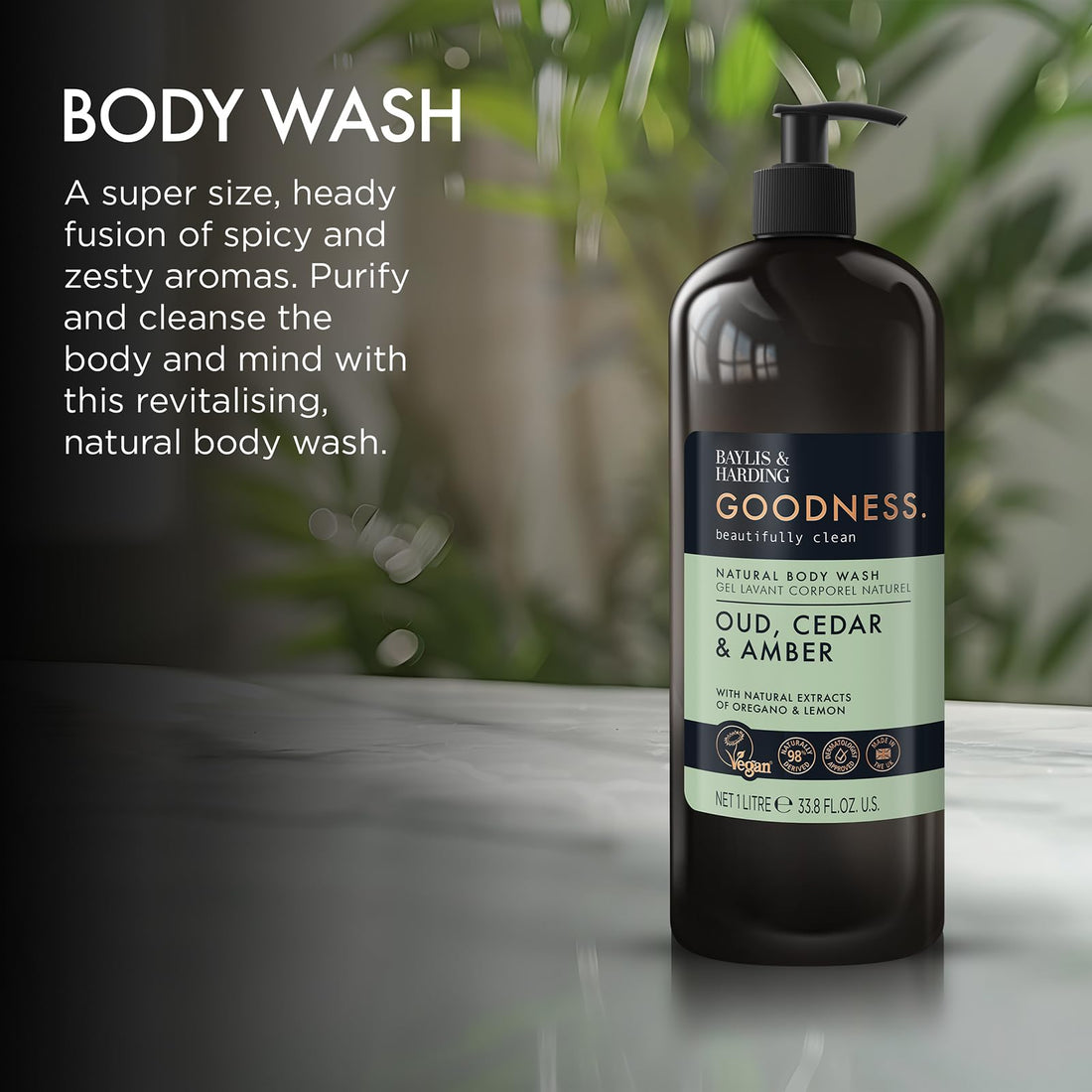 Baylis & Harding Goodness Oud, Cedar and Amber Body Wash, 500 ml (Pack of 3) - Vegan Friendly