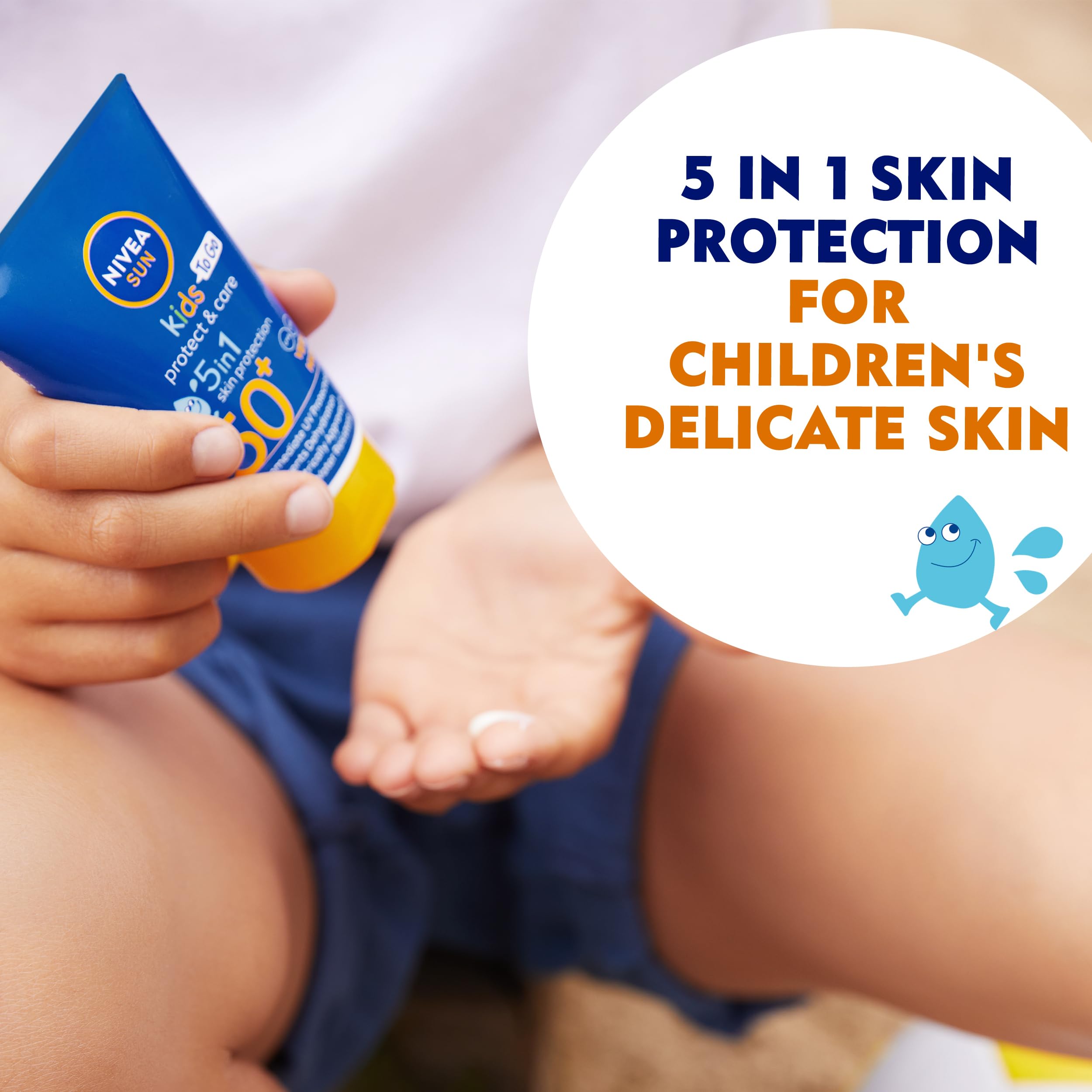 NIVEA Sun Kids Protect & Care To Go SPF 50+ Lotion (50ml), Moisturising Kids Sun Cream Immediately Protects Delicate Skin Against Sunburn and Long-Term UV Damage, Fast-Absorbing No White Cast Formula