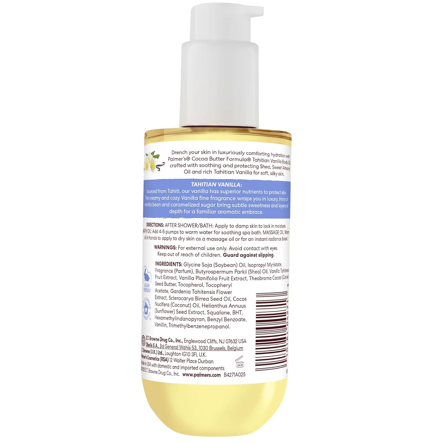 Huile corporelle au beurre de cacao de Palmer's, vanille tahitienne hydratante, 192 ml, hydratation 72 h avec beurre de karité et vitamine E pour une peau plus douce, protège et apaise la sécheresse, approuvée par les dermatologues