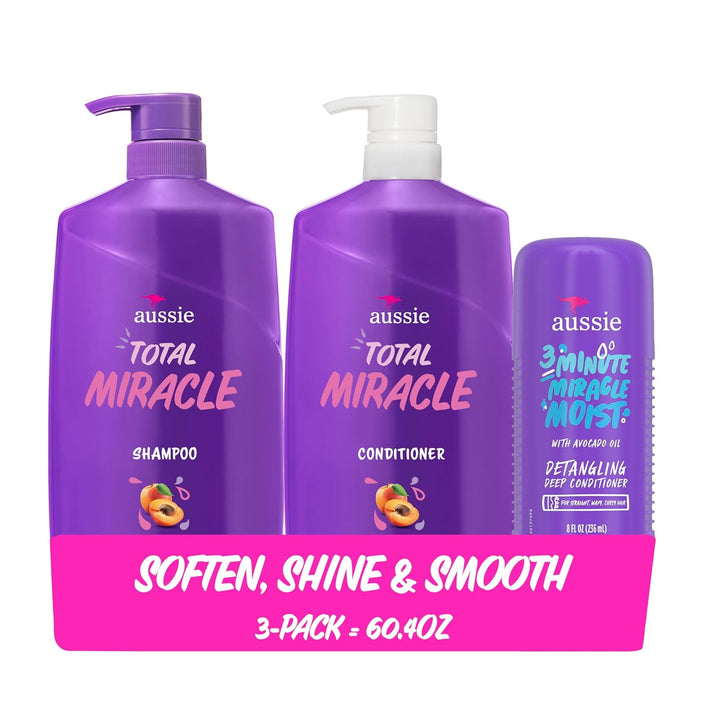 Aussie Total Miracle Hair Care Bundle: Shampoo, Conditioner, and 3 Minute Deep Treatment with Apricot & Macadamia Oil, Paraben-Free for Damaged Hair, 26.2 & 8 Fl Oz Halalzen