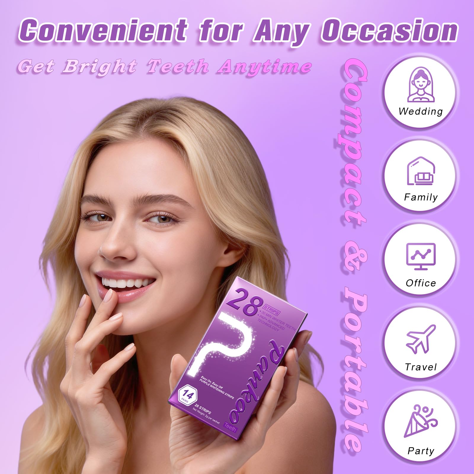 Purple Teeth Whitening Strips 14 Treatments, Helps Remove Surface Stains - Coffee & Wine Stains, Supports Enamel Care, No Sensitivity, No Slip, 28 Strips,Teeth Whitening Gel