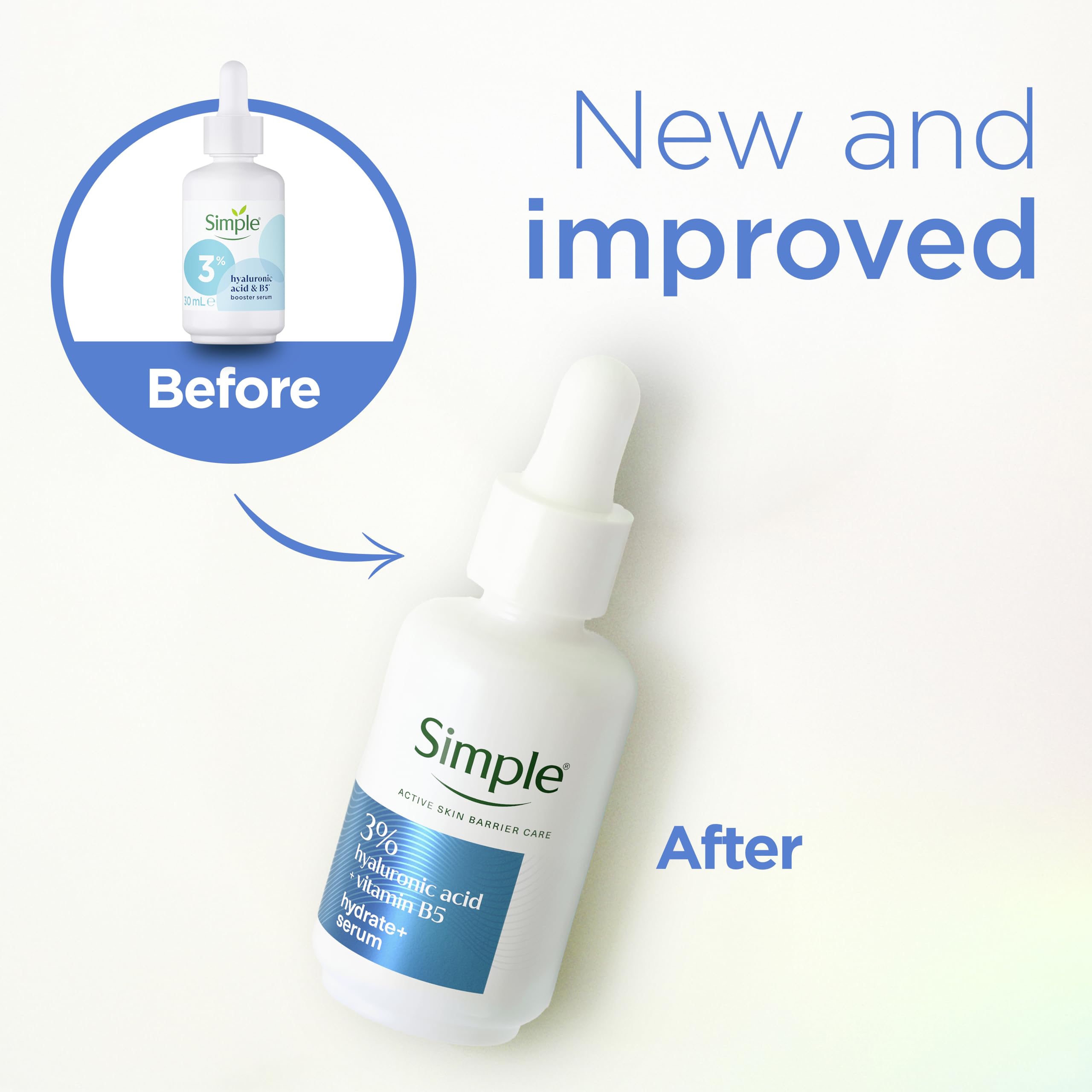 Simple Hydrate+ 3% Hyaluronic Acid + Vitamin B5 Face Serum skin care suitable for daily use on all skin types for hydrated, softer skin 30 ml