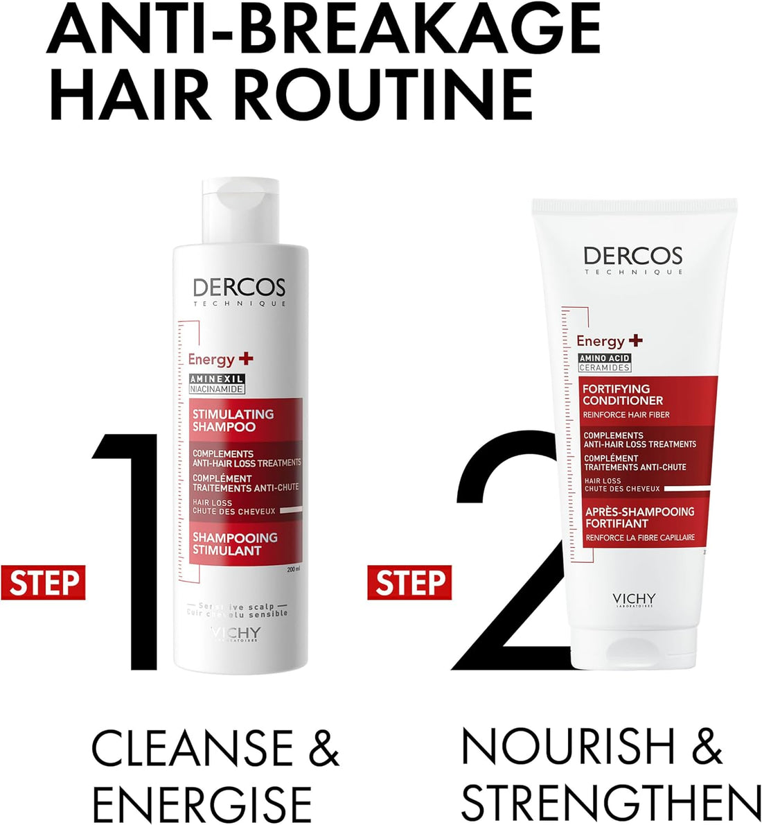 Vichy Dercos Energy+ Energising Fortifying Conditioner, Anti Hair Loss Treatment for Thinning and Brittle Hair, Enriched with Aminexil and Ceramides, 200ml