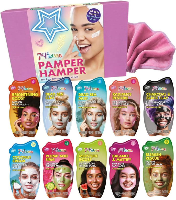 7th Heaven Luxury Pamper Hamper - 10 Face Masks & Spatula - Beauty Gift Set for Women - Skincare Set with Peel-Off, Clay & Hydrating Masks - Spa Experience at Home Skin Care Halalzen
