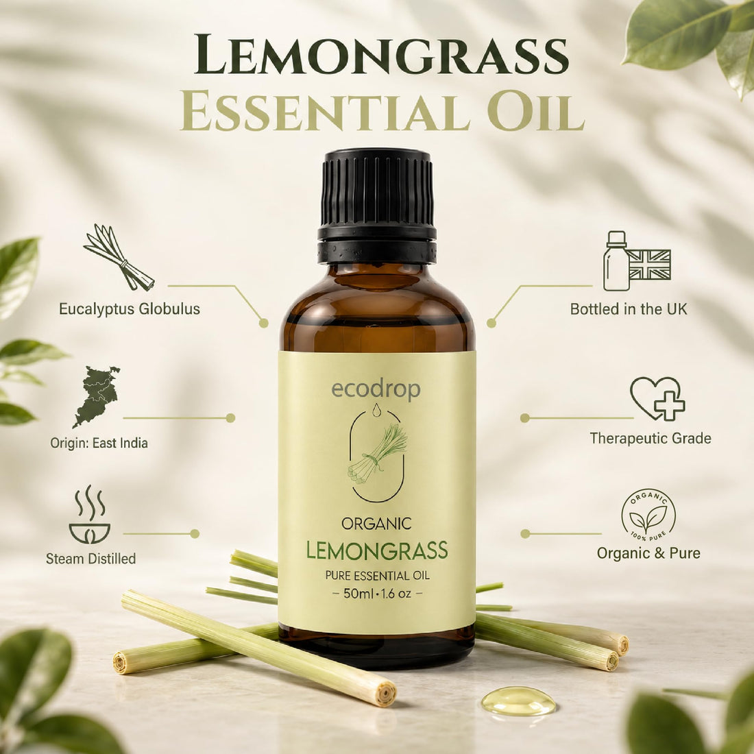 Ecodrop Tea Tree Essential Oil, 10 ml | 100% Pure Organic Steam-Distilled | Melaleuca Alternifolia | Aromatherapy, Diffuser, Massage, Bath, Soap & Candle Making | Australian Fresh Aroma