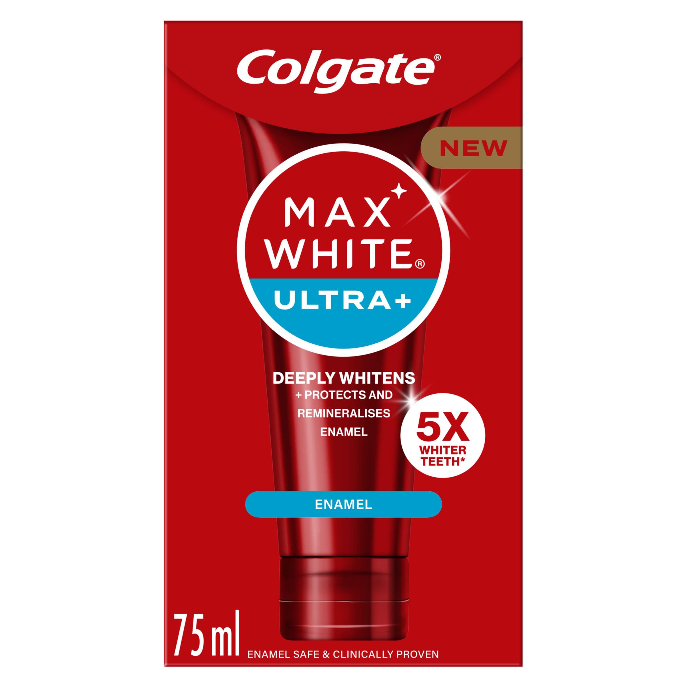 Colgate Max White Ultra+ Enamel Toothpaste 75ml, Whitens Deep Stains for 5X Whiter Teeth, ActiveShine Technology Smoothes Enamel Surface to Reflect Light, Protects and Remineralises Enamel