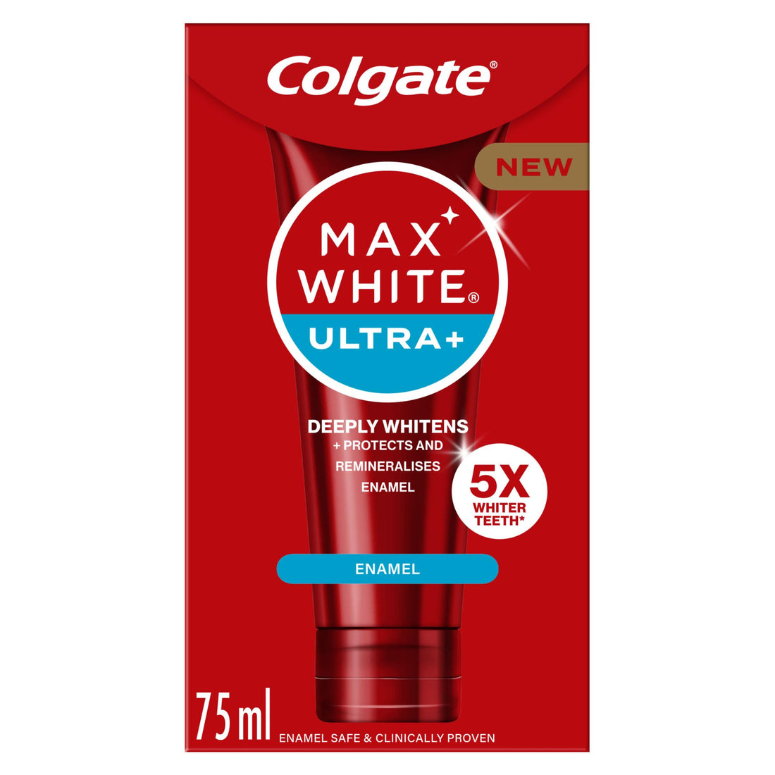 Colgate Max White Ultra+ Enamel Toothpaste 75ml, Whitens Deep Stains for 5X Whiter Teeth, ActiveShine Technology Smoothes Enamel Surface to Reflect Light, Protects and Remineralises Enamel