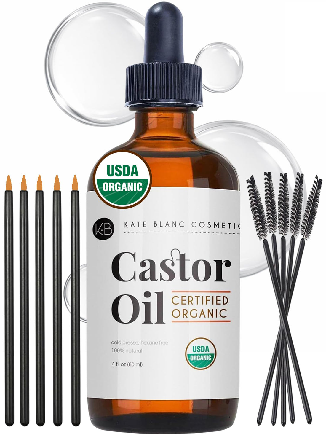 Kate Blanc Cosmetics Castor Oil Organic for Hair, Lashes, Face, Skin (2oz), 100% Pure, Cold Pressed, Hexane Free Hair Oil. Lash Serum for Thicker-Looking Eyelashes & Eyebrows Halalzen