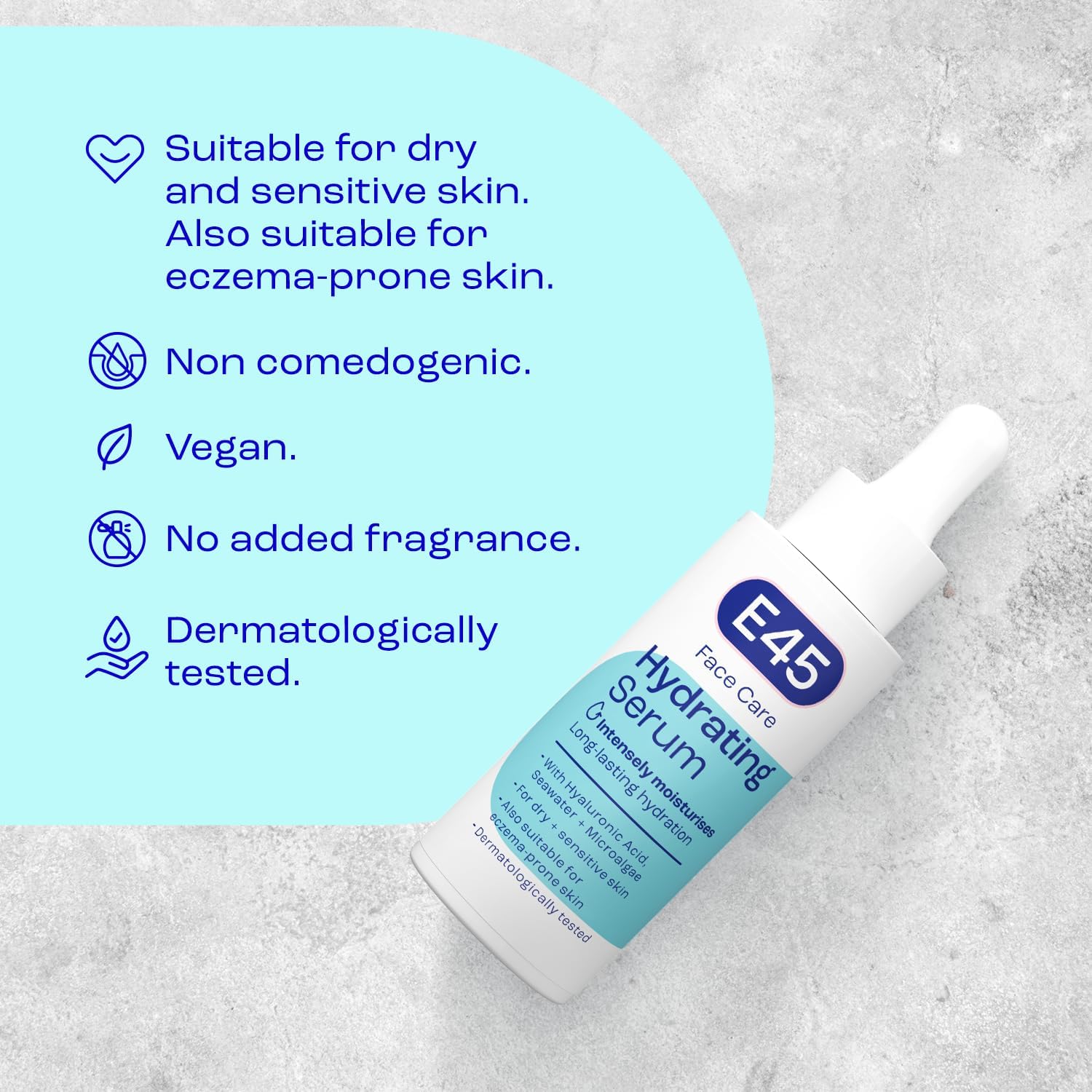 E45 Face Hydrating Serum - Instant 48-Hour Hyaluronic Acid Formula for Dry, Sensitive & Eczema Prone Skin - Rehydrating & Reinvigorating Serum – Perfume Free - Dermatologically Tested - 30ml