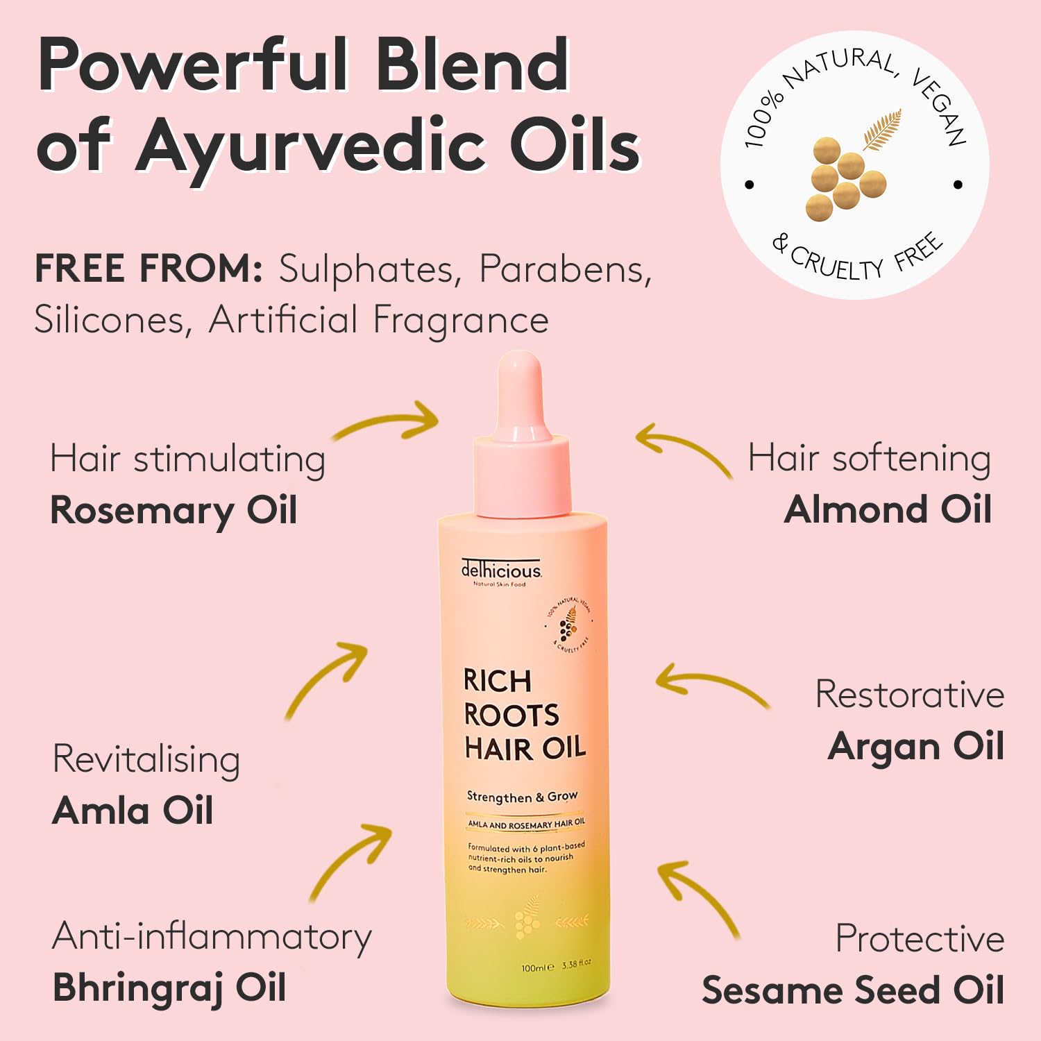 Delhicious Amla Hair Oil & Rosemary Oil Conditioner for Hair Growth - Rich Roots Vegan Conditioner for Thinning Hair, Damaged Hair, Dry Scalp - Shea Butter & Argan Oil - Ayurveda, Sulphate Free, 250ml