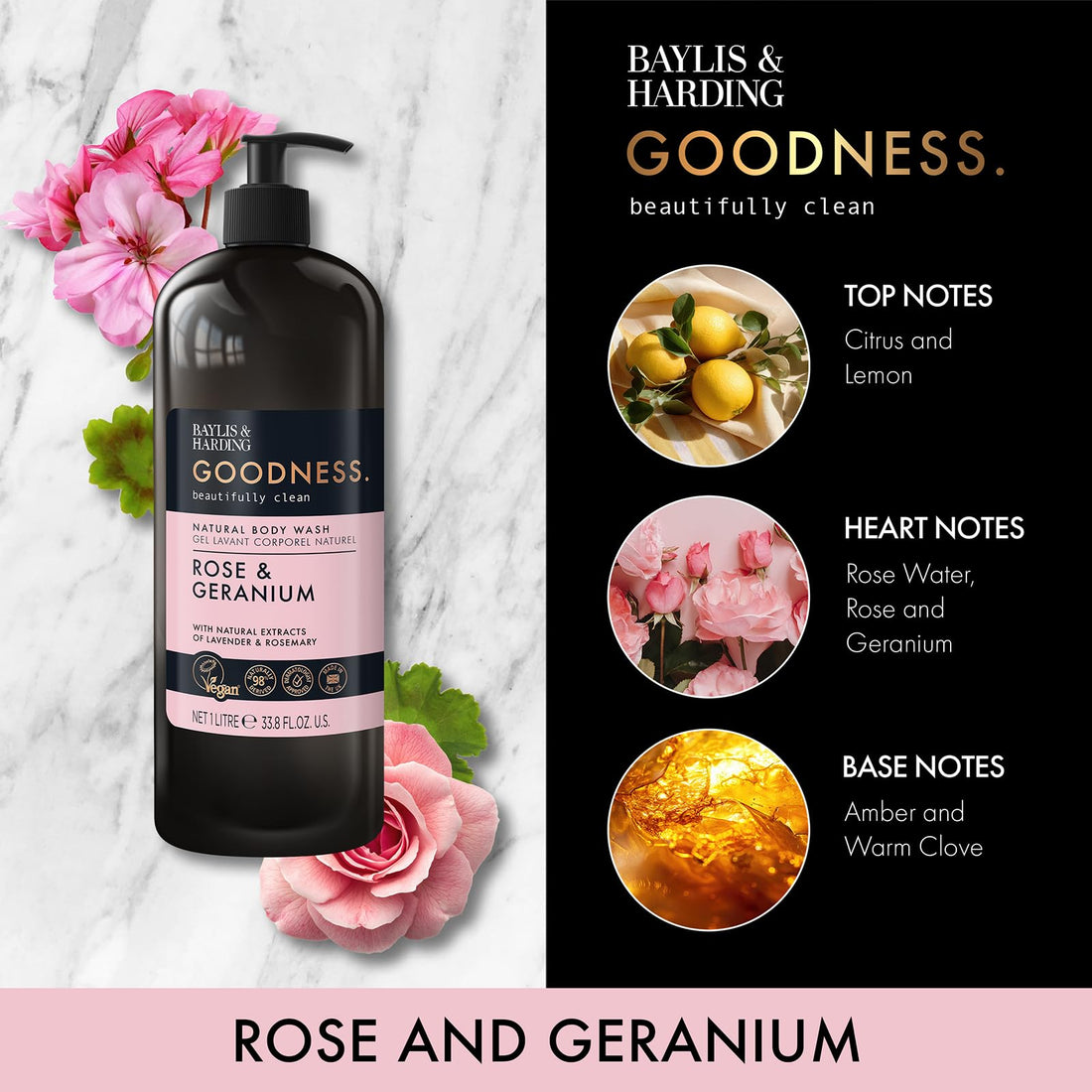 Baylis & Harding Goodness Rose & Geranium Natural Body Wash, 500 ml (Pack of 3) - Vegan Friendly