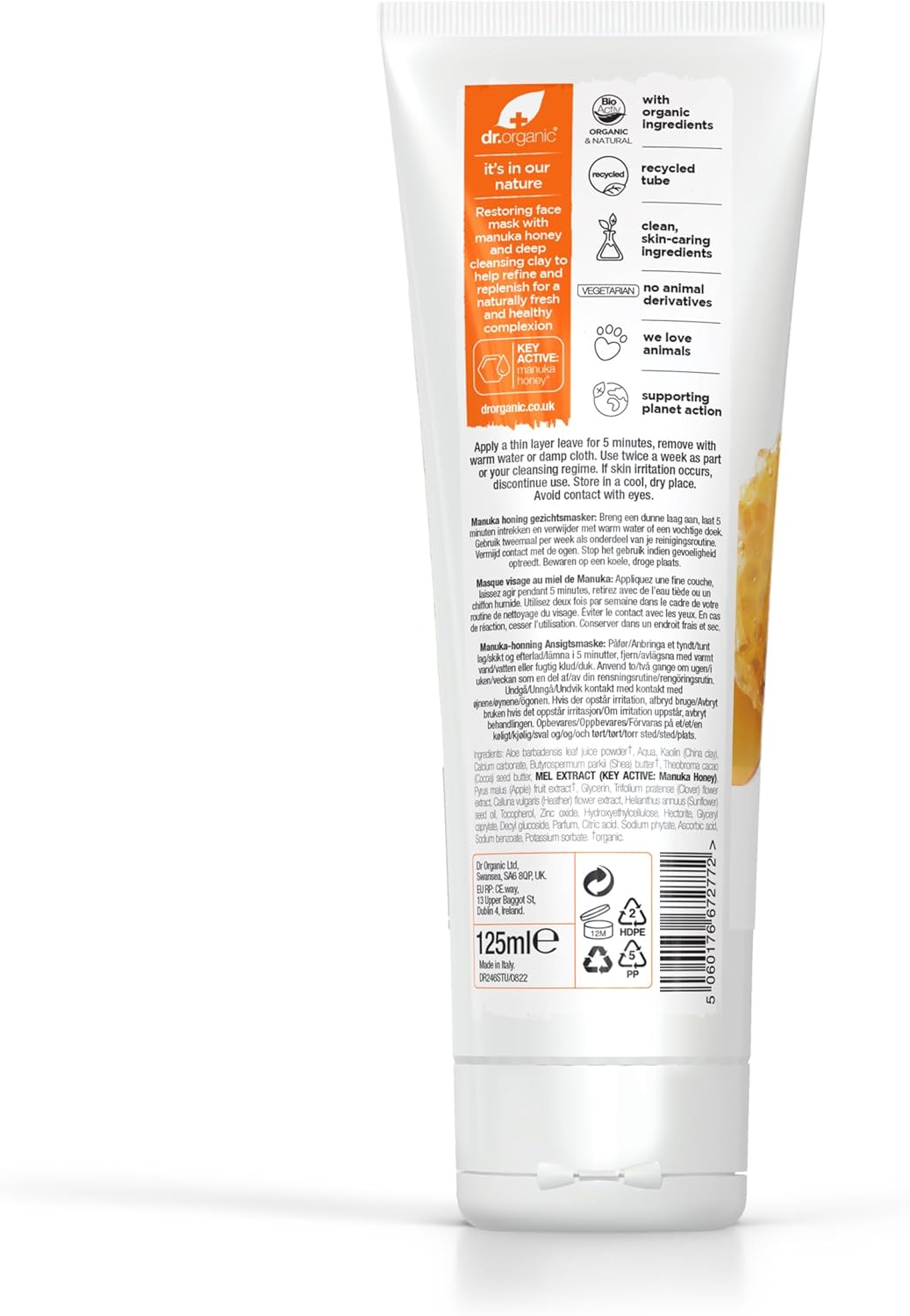Dr Organic Manuka Honey Face Mask, Nourising, Dry Skin, Mens, Womens, Natural, Vegetarian, Cruelty-Free, Paraben & SLS-Free, Recycled & Recyclable, Organic, 125ml, Packaging May Vary