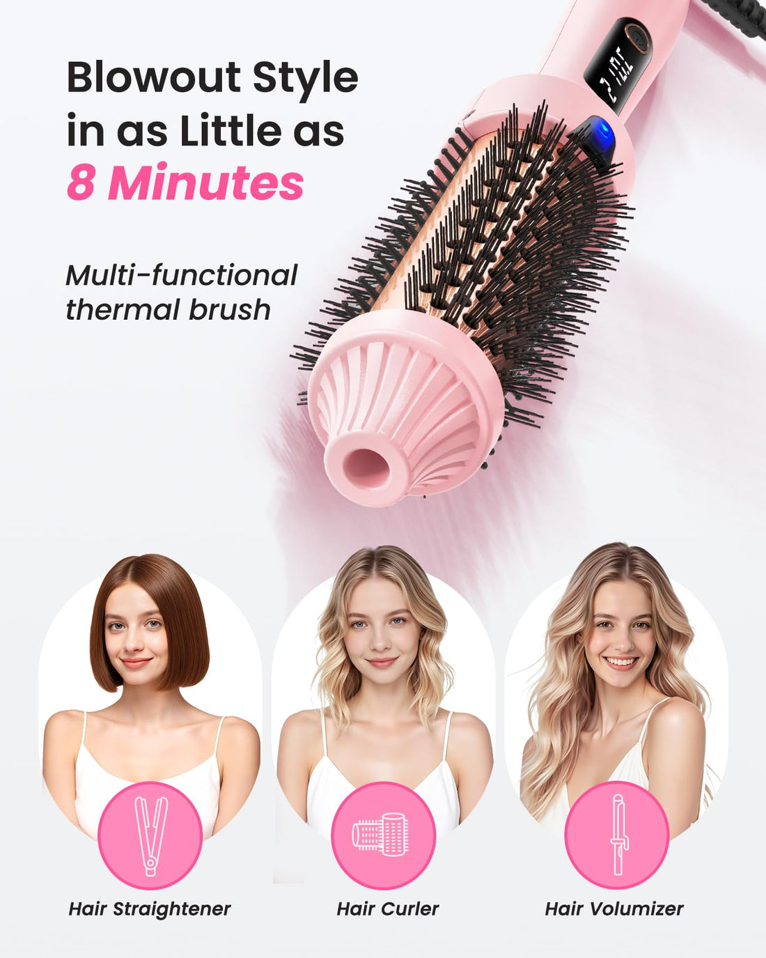 Haokoo Thermal Brush for Blowout Volume & Smooth Hair - 38mm Hot Brush, Ionic Anti-Frizz Heated Brush, 6 Heat Settings, Dual Voltage, Lightweight 250g, Pink Halalzen