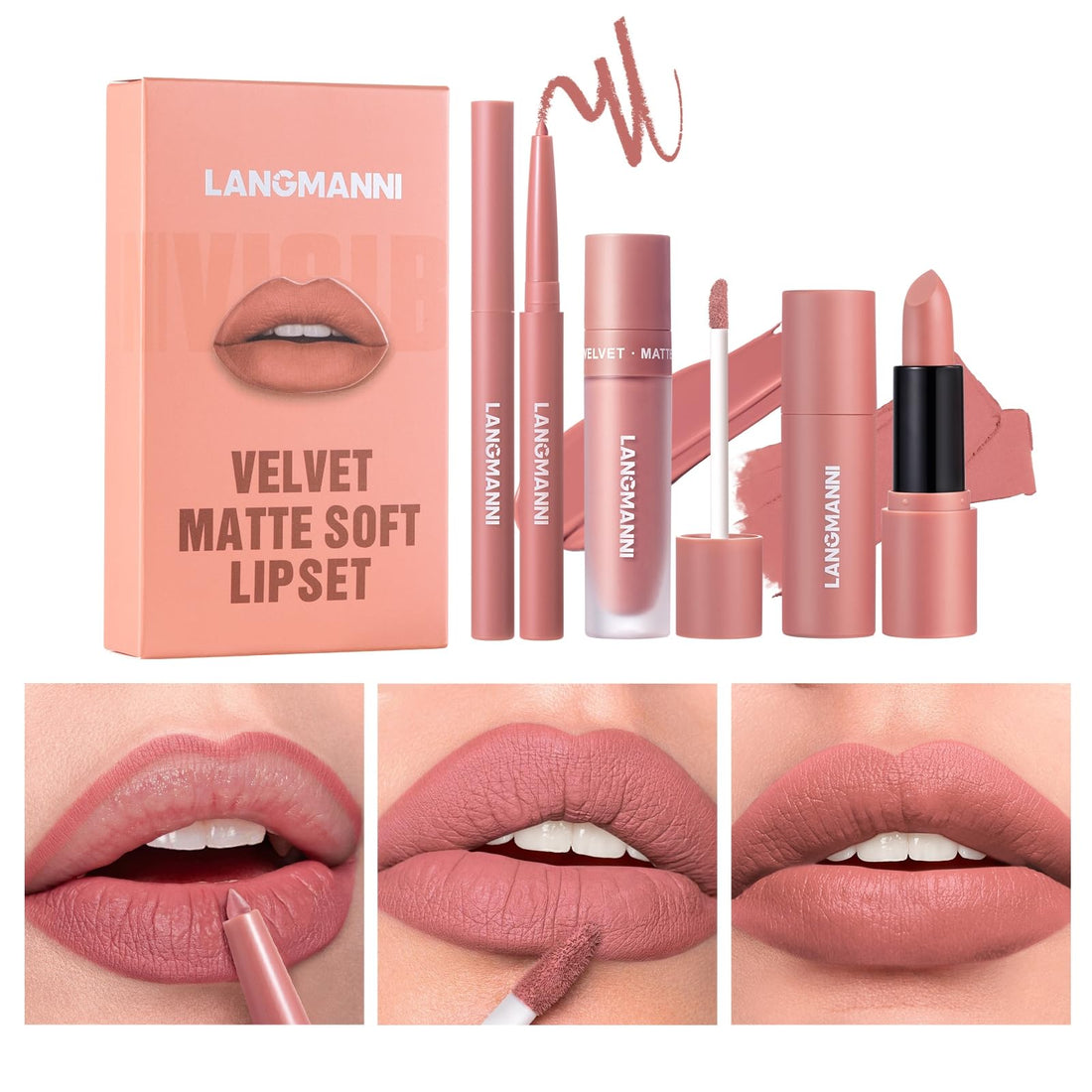3PCS Matte Liquid Lipstick Lip Gloss & Liner Set - All-IN-One Lip Kit, Velvety Nude Color, Waterproof Make Up Set (# 03) Halalzen