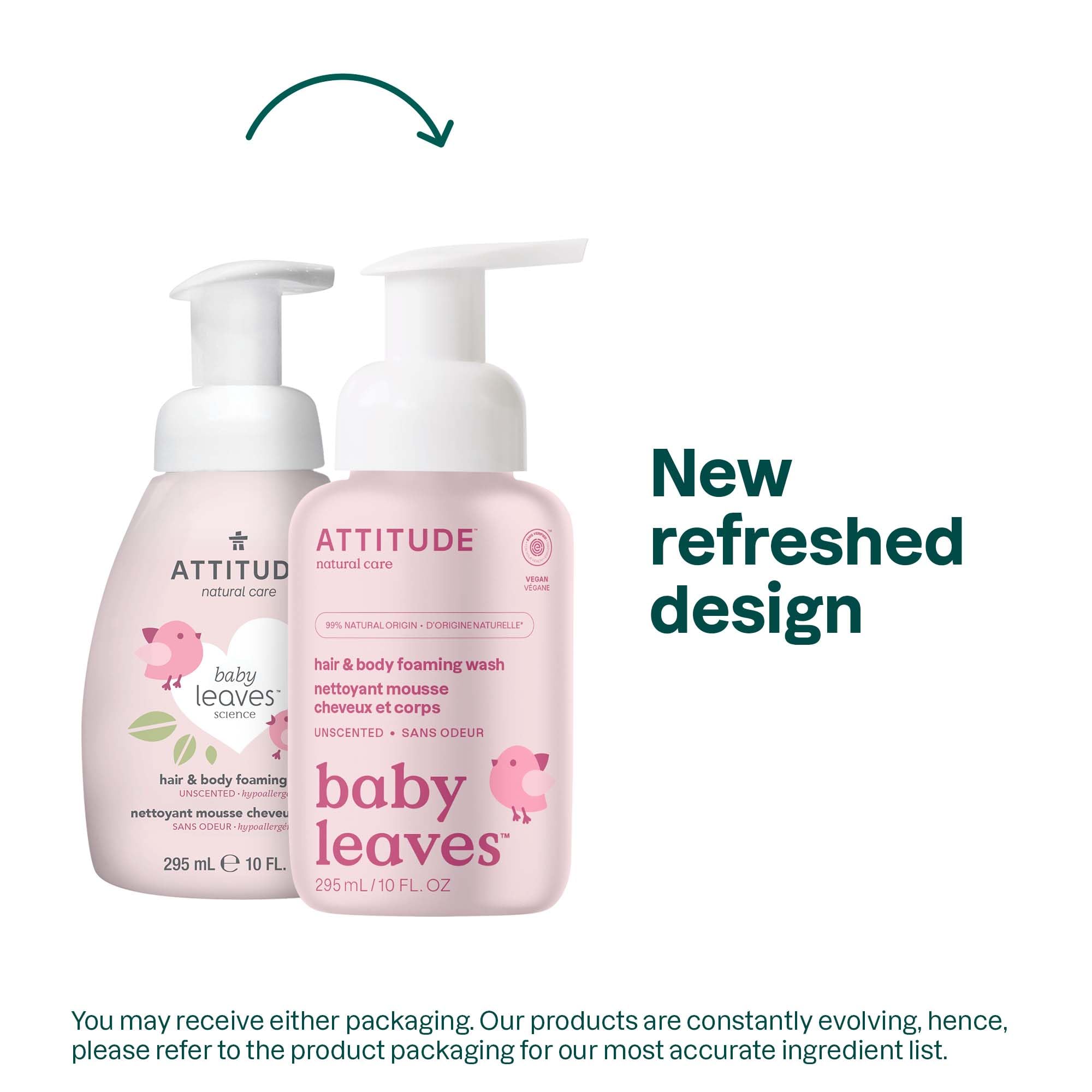 ATTITUDE 2-in-1 Hair and Body Foaming Baby Wash, EWG Verified Shampoo Soap, Dermatologically Tested, Made with Naturally Derived Ingredients, Vegan, Unscented, 295 mL