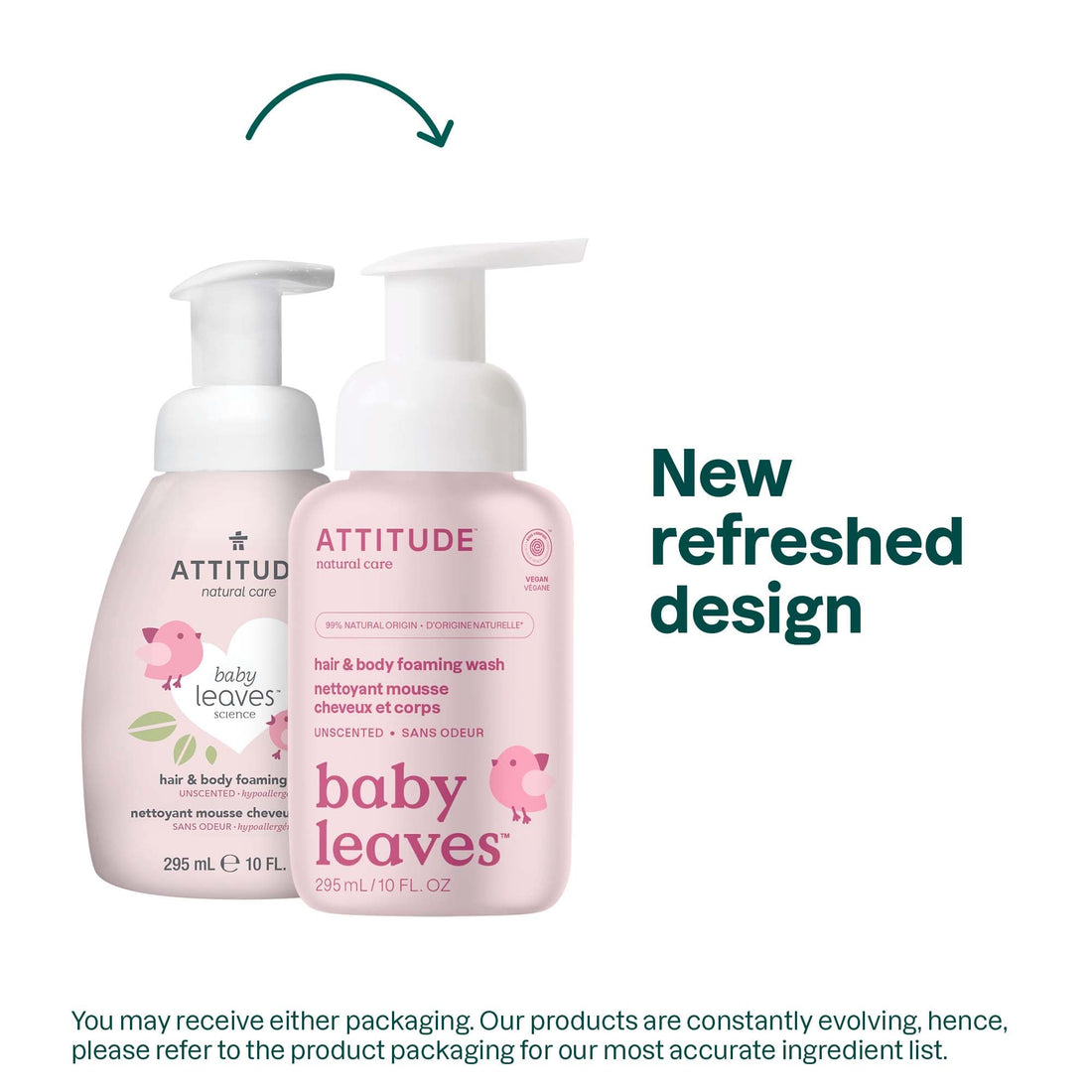 ATTITUDE 2-in-1 Hair and Body Foaming Baby Wash, EWG Verified Shampoo Soap, Dermatologically Tested, Made with Naturally Derived Ingredients, Vegan, Unscented, 295 mL