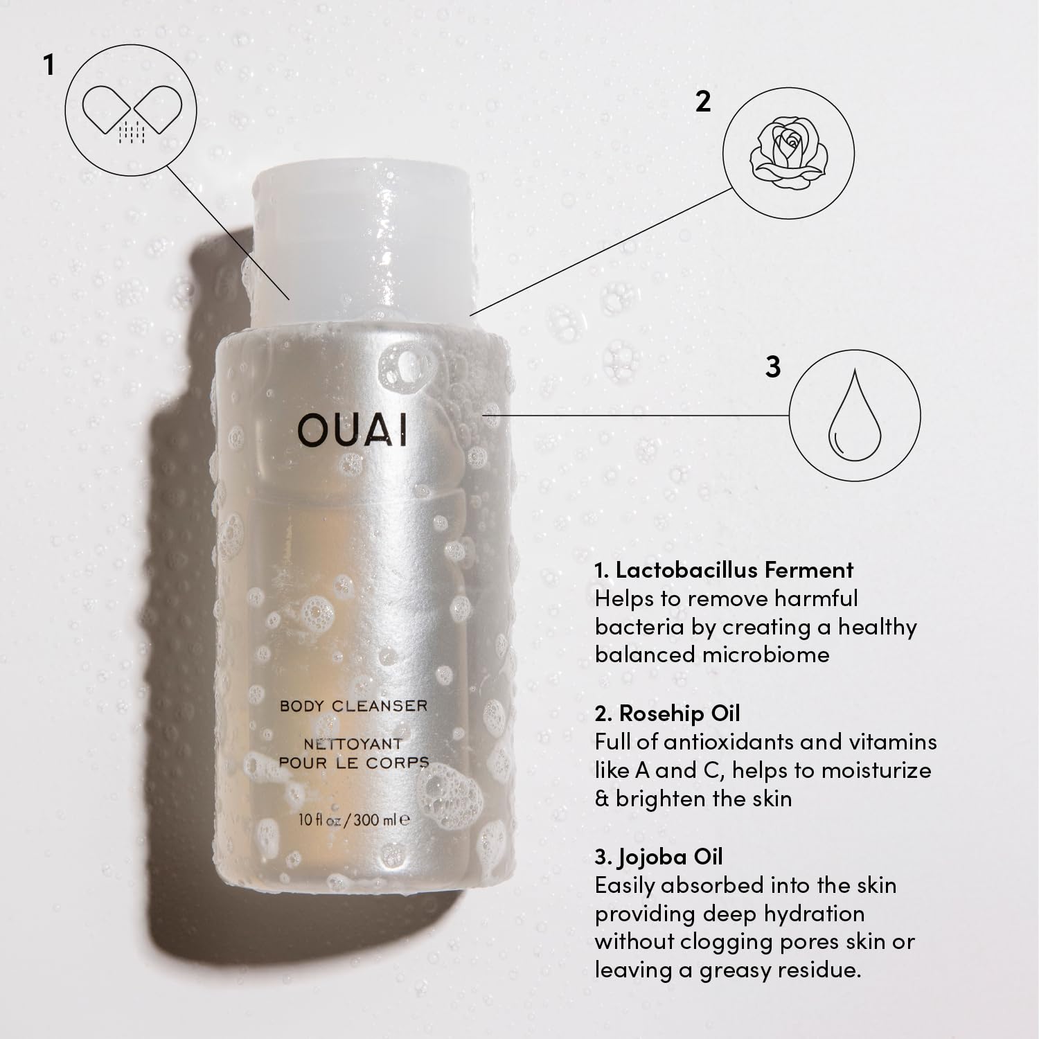 OUAI Body Cleanser, St. Barts - Foaming Body Wash with Jojoba Oil and Rosehip Oil to Hydrate, Nurture, Balance and Soften Skin - Paraben, Phthalate and Sulfate Free Skin Care Products (10 Fl Oz)