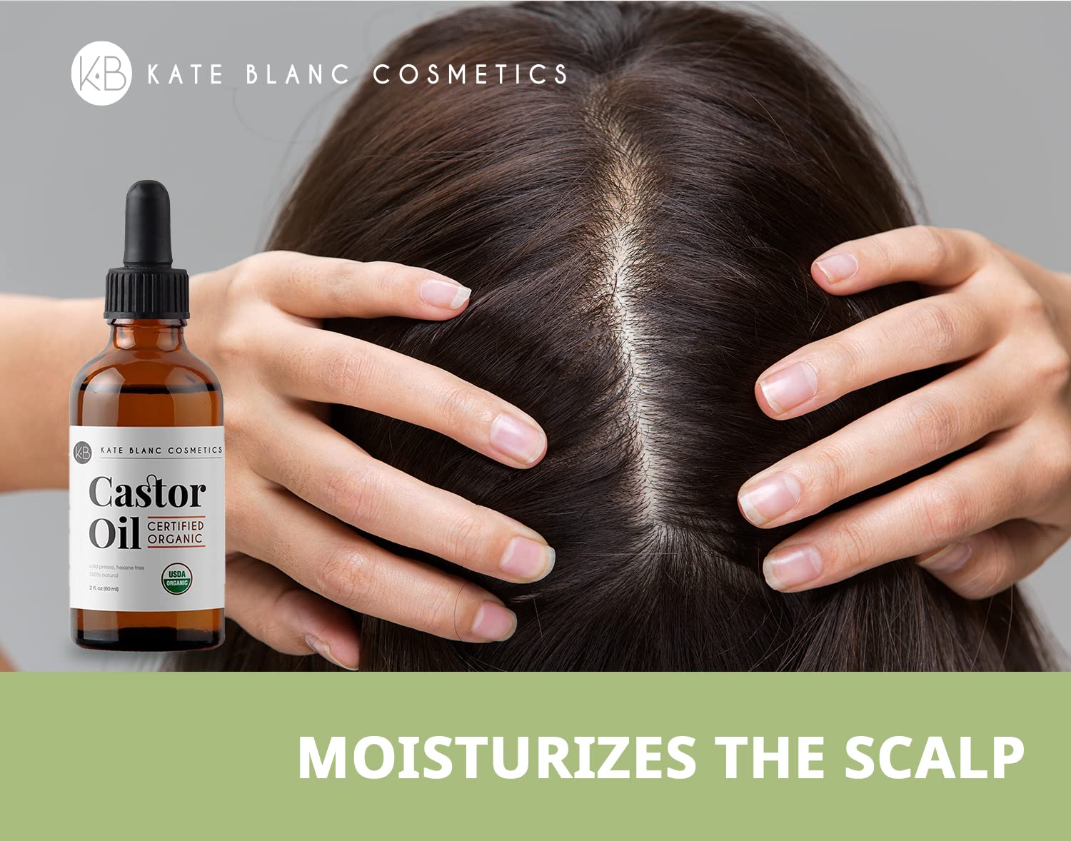 Kate Blanc Cosmetics Castor Oil Organic for Hair, Lashes, Face, Skin (2oz), 100% Pure, Cold Pressed, Hexane Free Hair Oil. Lash Serum for Thicker-Looking Eyelashes & Eyebrows Halalzen