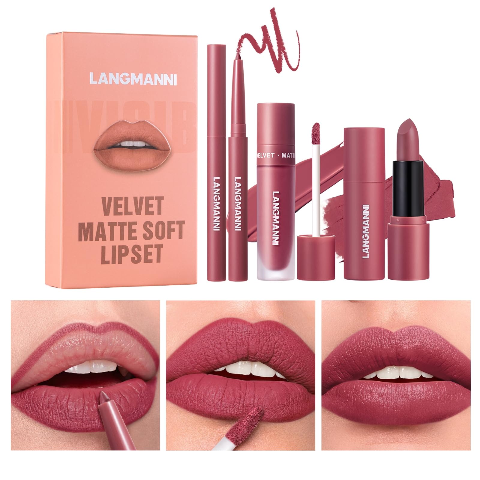 3PCS Matte Liquid Lipstick Lip Gloss & Liner Set - All-IN-One Lip Kit, Velvety Nude Color, Waterproof Make Up Set (# 03) Halalzen
