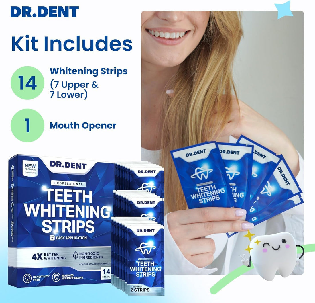 DRDENT Teeth Whitening Strips Professional Strength – 21 Treatments (42 Strips) with Mouth Opener – Enamel Safe Teeth Whitening Kit for Sensitive Teeth