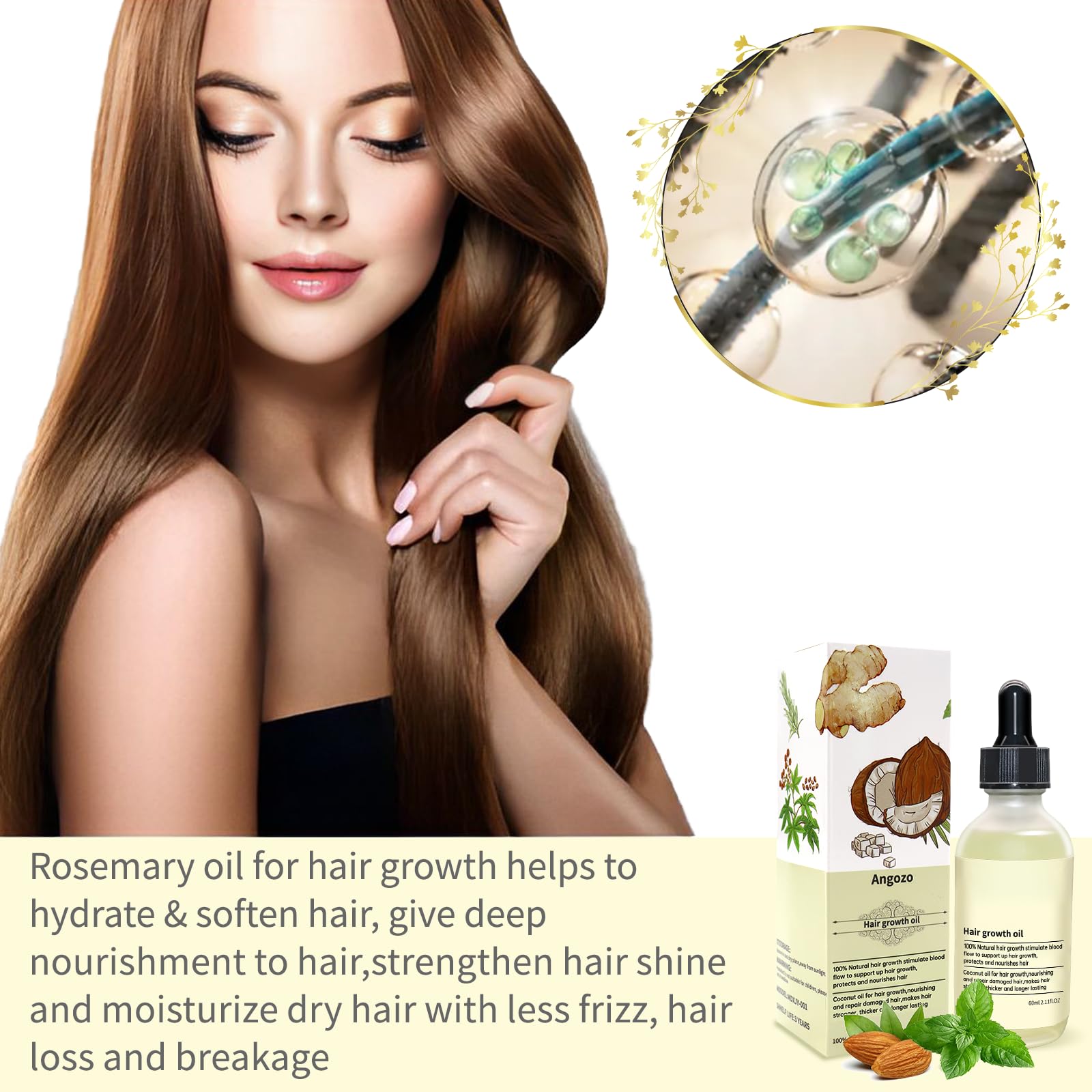 Veganic Hair Oil,100% Natural Growth With Caffeine,Biotin,Coconut,Macadamia,Rosemary and Castor for Growth,Thickening Hair Mask & Loss Treatment,60ml