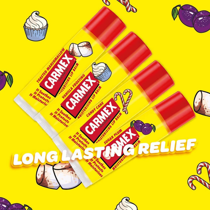 Carmex Lip Balm Set – Pack of 4 | Marshmallow, Vanilla, Candy Cane & Sugar Plum | 24H Hydration | Visibly Softer Lips After 1 Use | Travel-Friendly| Clinically Proven to Reduce Dryness & Fine Lines