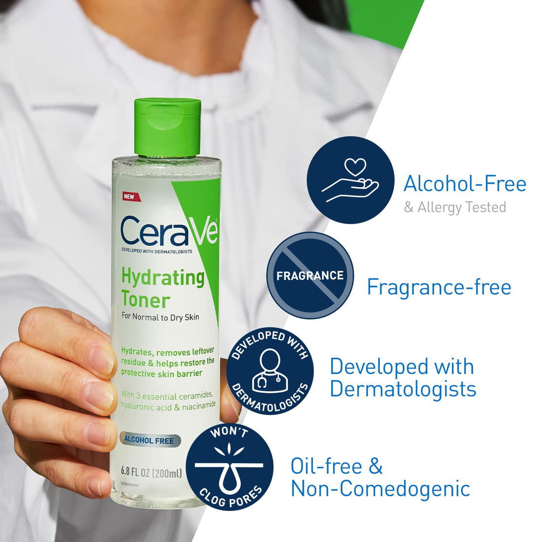CeraVe Feuchtigkeitsspendender Toner für das Gesicht, alkoholfrei mit Hyaluronsäure, Niacinamid und Ceramiden für empfindliche, trockene Haut, parfümfrei, nicht komedogen, volle Größe, 200 ml