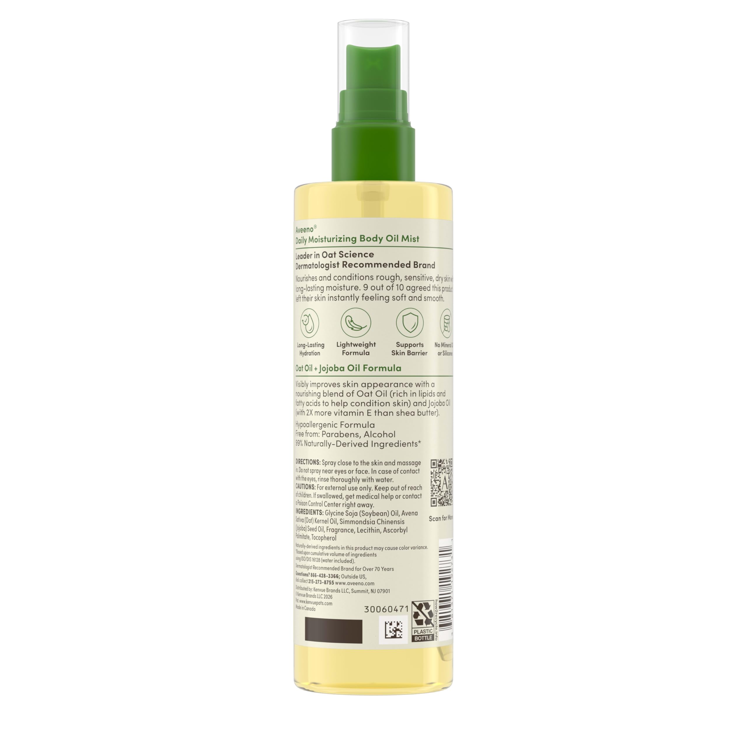 Aveeno Daily Moisturizing Body Oil Mist with Oat Oil and Jojoba Oil for Rough, Dry, Sensitive Skin, Nourishing Body Spray for Smoother, More Even Skin, Paraben- & Silicone-Free, 6.7 fl. oz