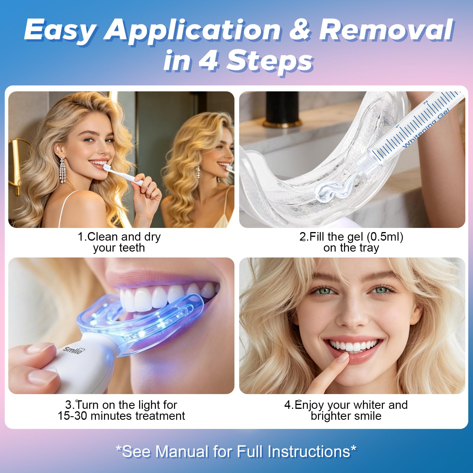 Teeth Whitening Kit with LED Light + 5 Tooth Whitening Gel - Gentle Whitening on Sensitive Teeth - Fast Removes Stubborn Stains - Professional Tooth Whitener for Home - Wireless & Water-Resistant