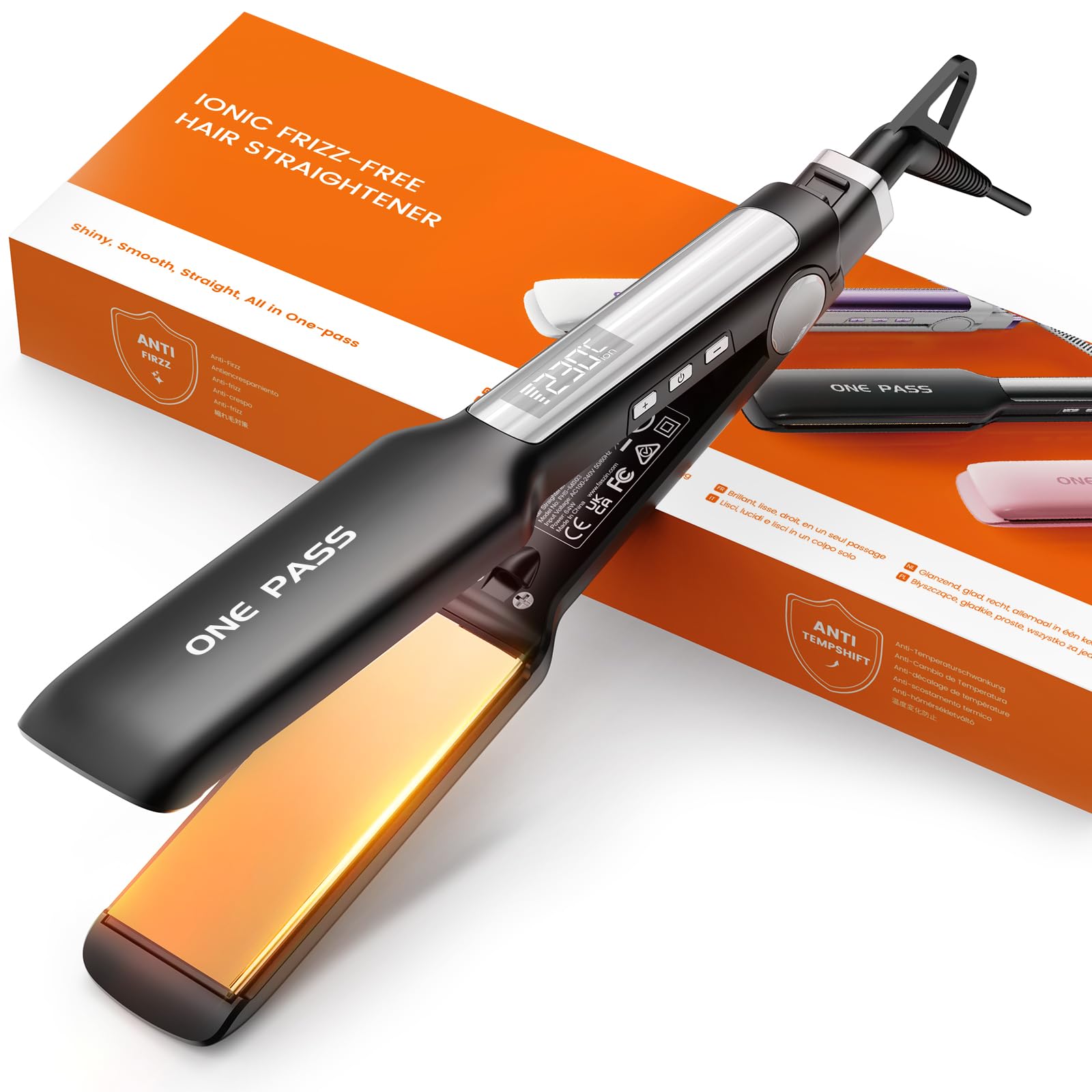 Faszin Professional Hair Straighteners, 42mm Wide-Plate Titanium Negative Ion Flat Iron, 30s Rapid Heating, Real-time Temperature Display, 11 Adjustable Temperature Levels (130-230℃) (Black) Halalzen
