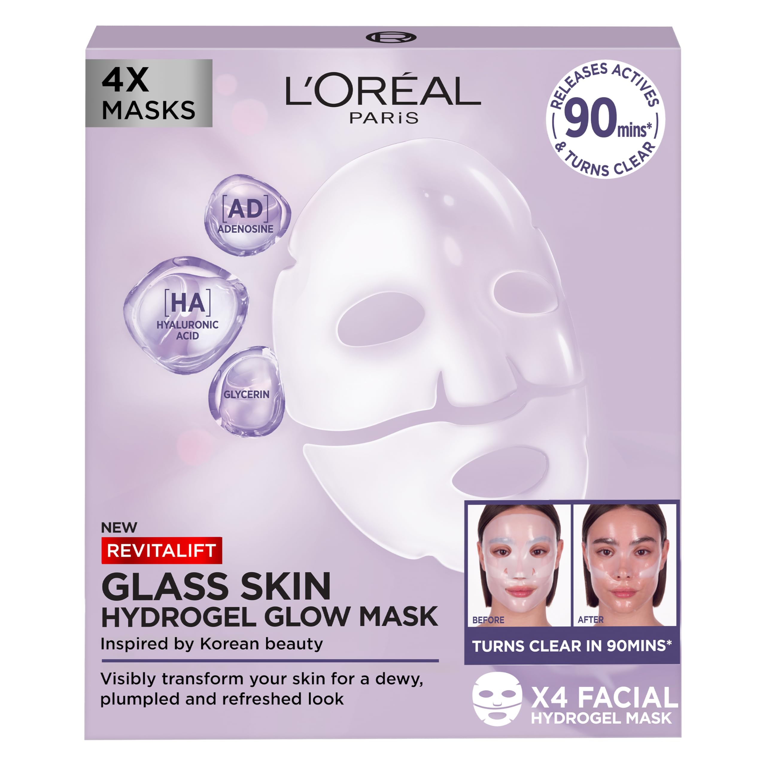 L'Oreal Paris Glass Skin Korean Face Mask 4 Pcs, Revitalift Filler Hydrogel Glow Mask, Korean Inspired Skincare, Visibly Transform Skin, Dewy, Plumped and Refreshed Look