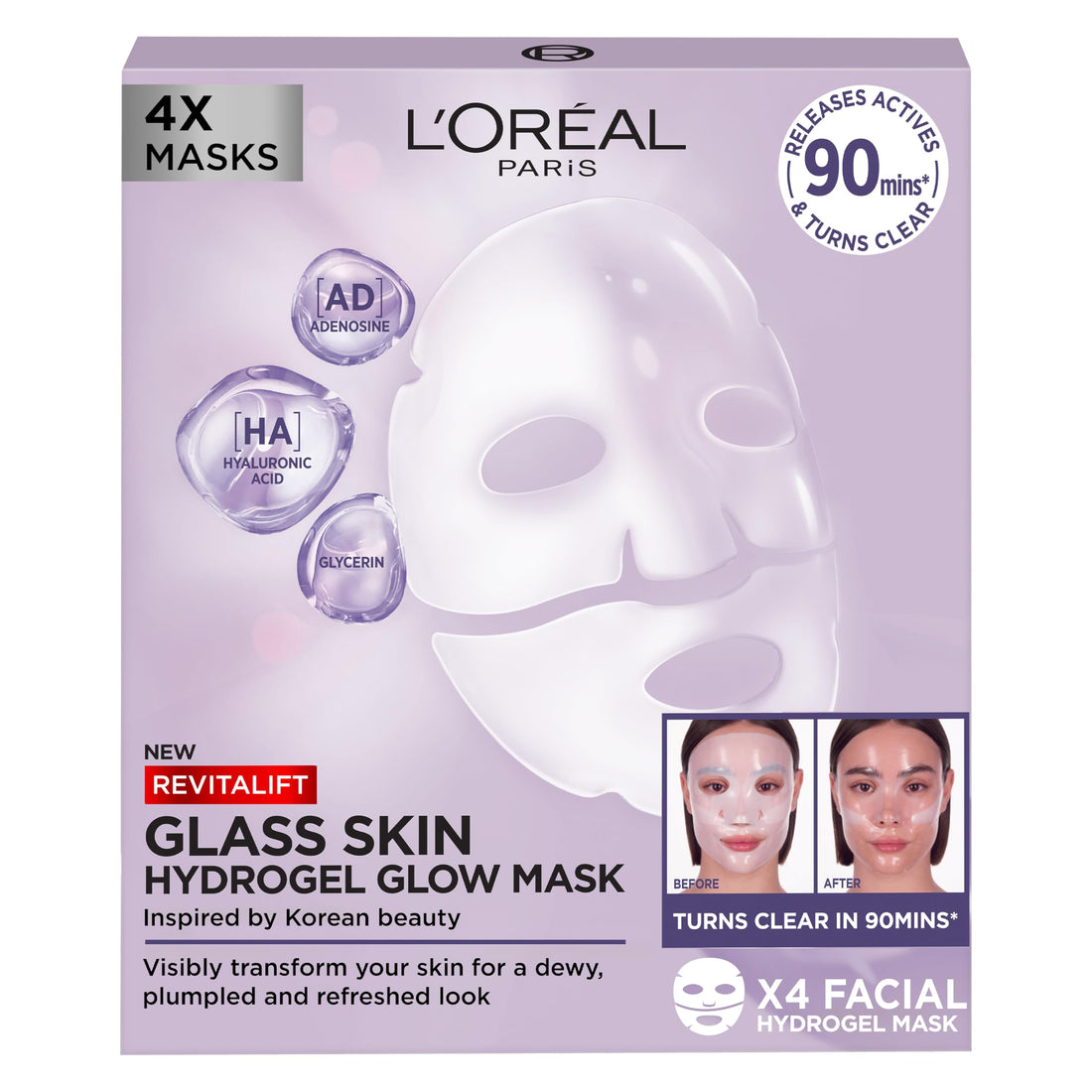 L'Oreal Paris Glass Skin Korean Face Mask 4 Pcs, Revitalift Filler Hydrogel Glow Mask, Korean Inspired Skincare, Visibly Transform Skin, Dewy, Plumped and Refreshed Look