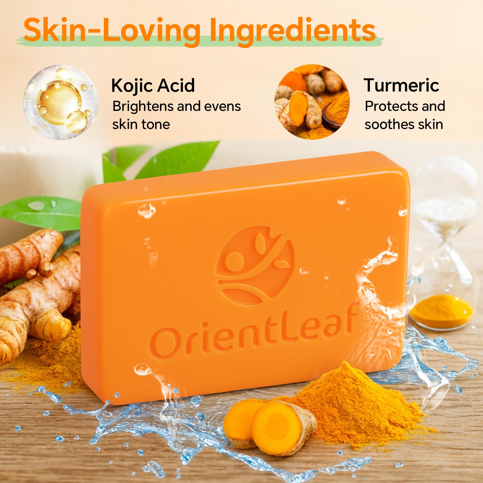 ORIENTLEAF Kojic Acid Soap, Turmeric Soap Bar for Dark Spots, Fresh Citrus Scent, Gentle for Face and Body with Vitamin C, Shea Butter, Retinol, Olive Oil, Collagen (3 PACK) Halalzen