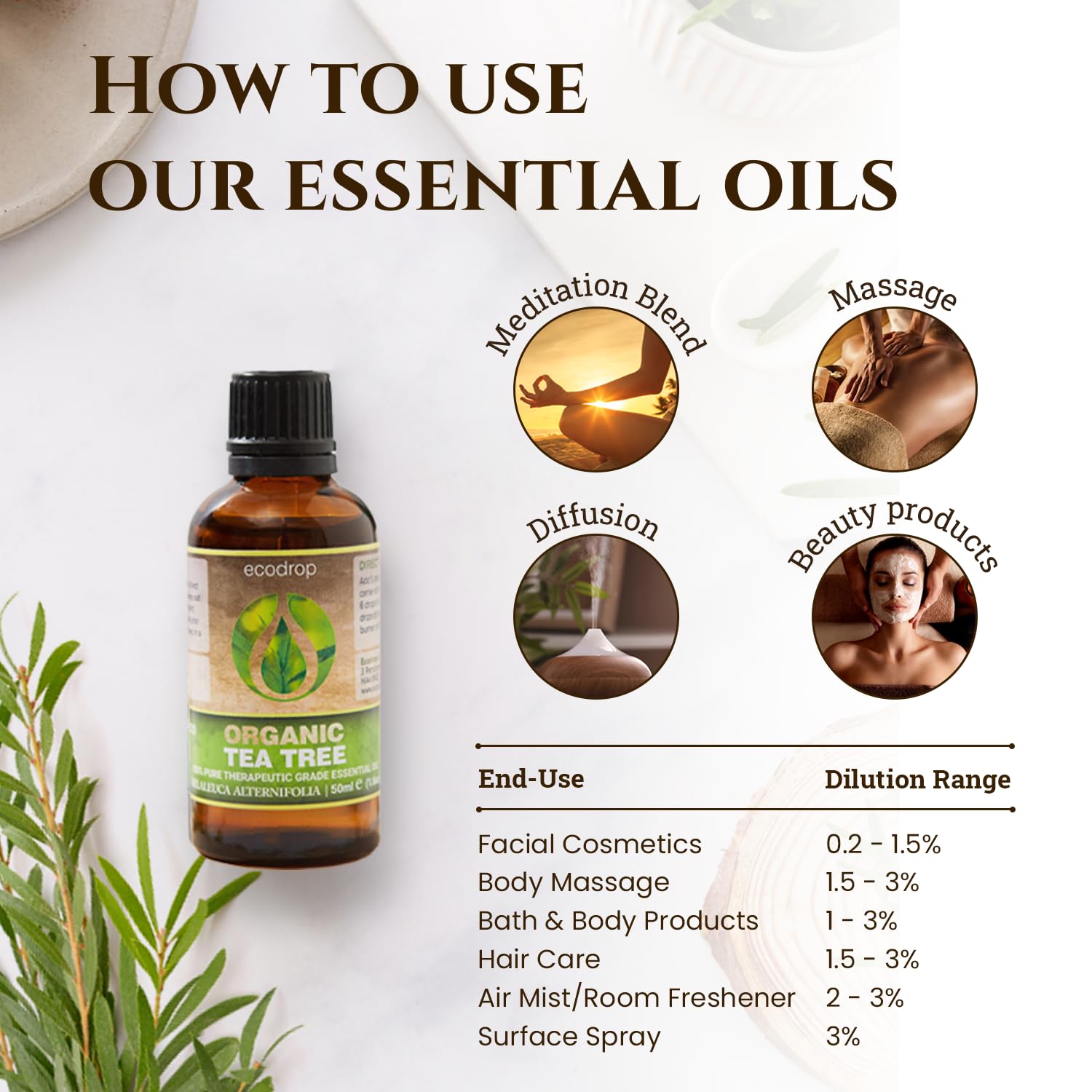Ecodrop Tea Tree Essential Oil, 10 ml | 100% Pure Organic Steam-Distilled | Melaleuca Alternifolia | Aromatherapy, Diffuser, Massage, Bath, Soap & Candle Making | Australian Fresh Aroma